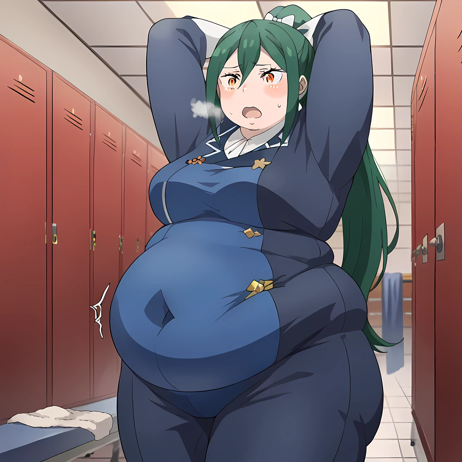 score_9, score_8_up, score_7_up, source_anime, crusch karsten, long hair, hair between eyes, green hair, orange eyes, medium breasts,, gloves, ponytail, white gloves, uniform, long sleeves, pants, blue uniform, blue pants, hair bow,, locker room, lockers, benches, towels, showers, , mememe dance, me!me!me! dance (meme), dancing, ass shake, arms up,, looking at viewer, solo,, dutch angle, cowboy shot bulging belly, fat, chubby, obese, open mouth, out of breath, absurdres, highres icon, rating:General, confused, blush, {flustered}, nervous sweating, portrait, pov hands, hand on another's belly, averting eyes, [looking away], straight-on, from below, swollen face, masterpiece, best quality, ultra-detailed, high resolution, 8K, 