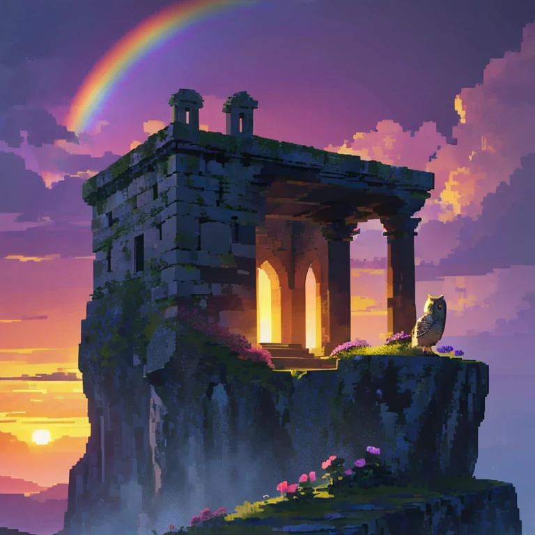 Ancient stone building on a cliff，sunset，Many flowers，owl，Rainbow after the rain，（（（ pixel style ）））（（（ mystical atmosphere ）））（（（ Masterpiece  ）））， （（ top quality））， （（ complex details））（8k）
