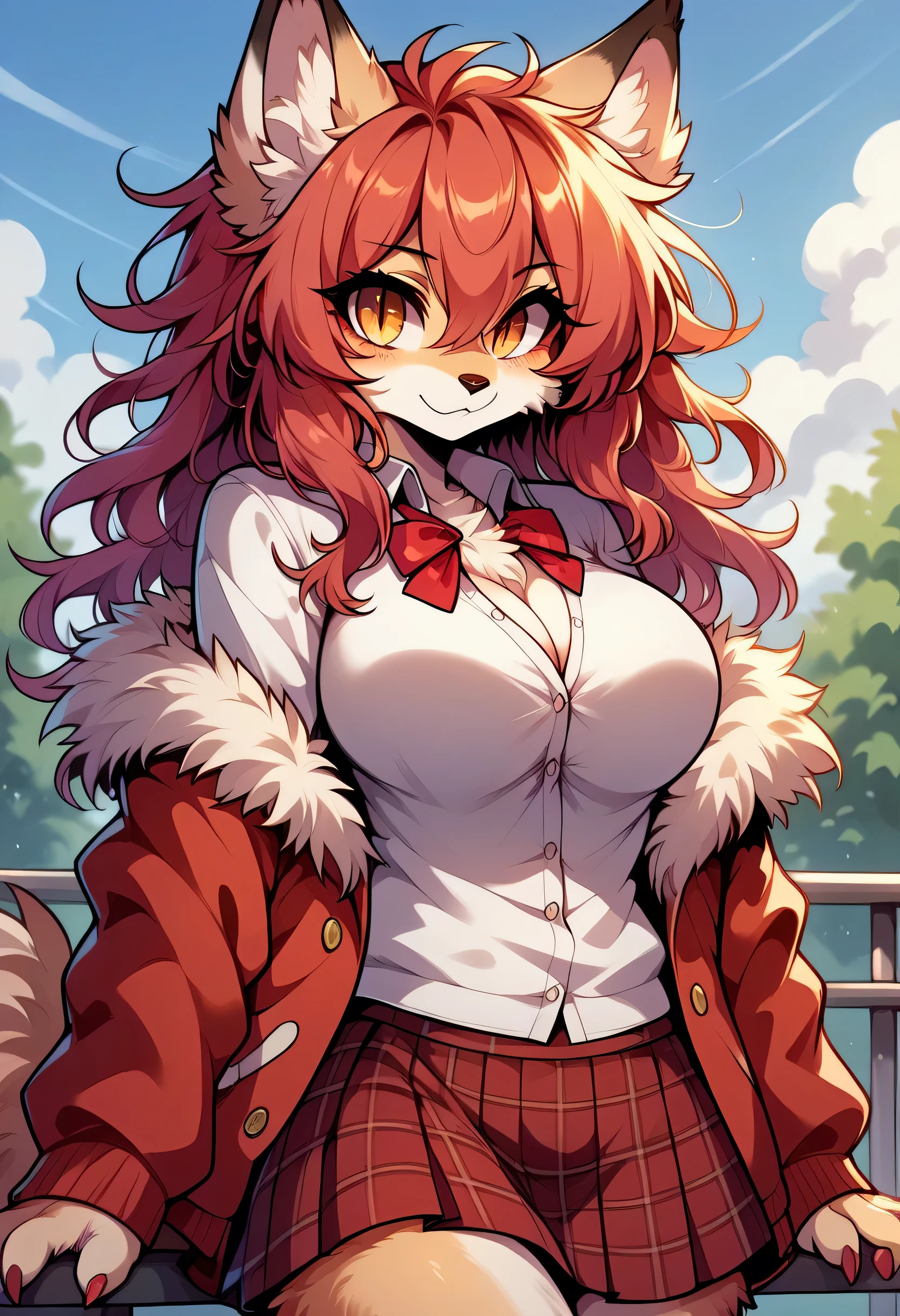 score 9, score 8 up, 1girl, masterpiece, megafluffypony, fluffy, furry, kobayashi_rindou, red_hair, ((hair_over_one_eye)), slit_pupils, yellow_eyes, school_uniform, blue_jacket, sweater, plaid_skirt, sexy clothes, big breasts, busty, cleavage, thigh, short skirt, sexy