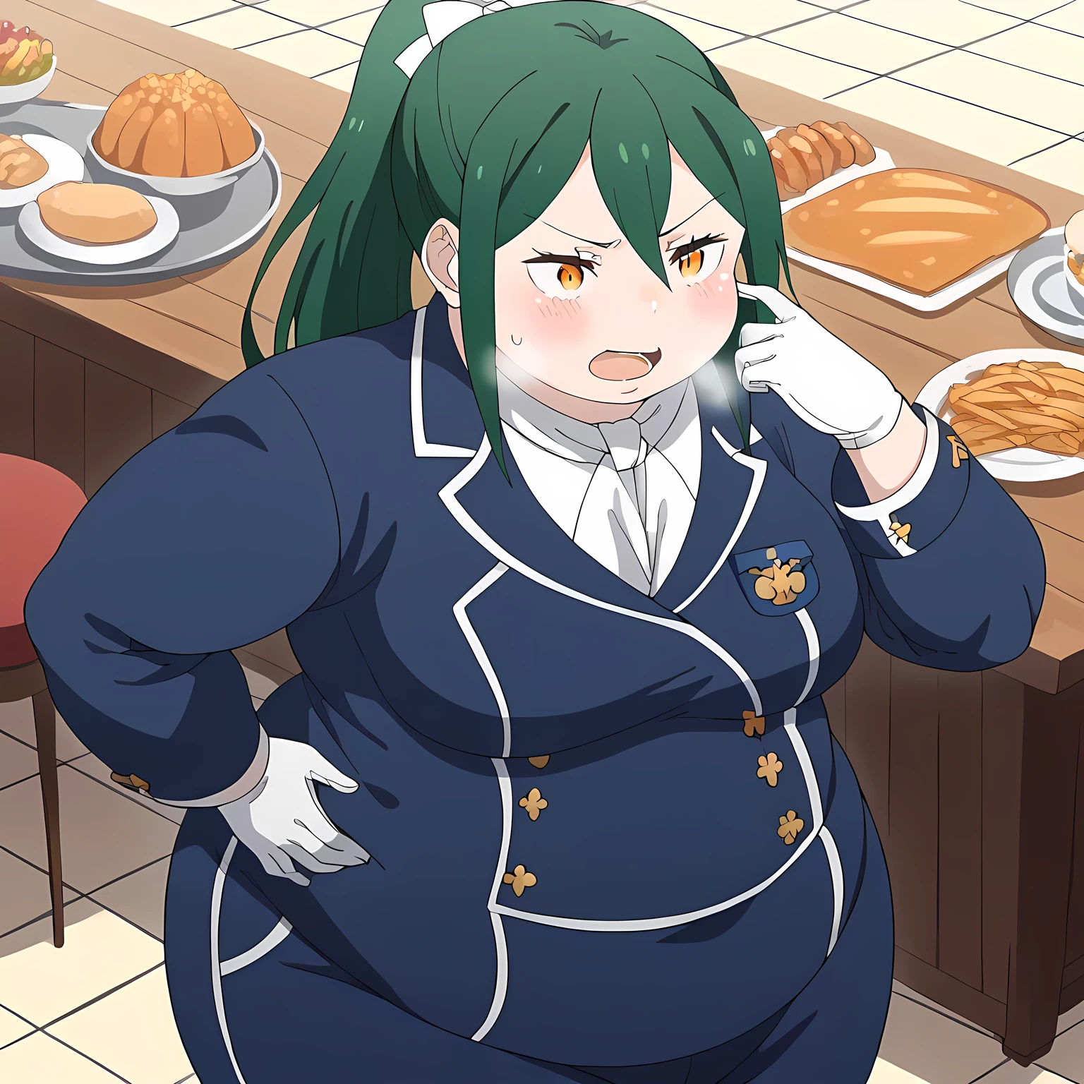 score_9, score_8_up, score_7_up, source_anime, crusch karsten, long hair, hair between eyes, green hair, orange eyes, medium breasts,, gloves, ponytail, white gloves, uniform, long sleeves, pants, blue uniform, blue pants, hair bow,, cafeteria, tables, food trays, chairs, line, smile, smug, hand on own hip,, looking at viewer, solo,, dutch angle, cowboy shot swollen face, fat, chubby, obese, open mouth, out of breath, absurdres, highres icon, rating:General, confused, blush, {flustered}, nervous sweating, portrait, pov hands, hand on another's cheek, averting eyes, [looking away], straight-on, from above,  upper body, masterpiece, best quality, ultra-detailed, high resolution, 8K, 