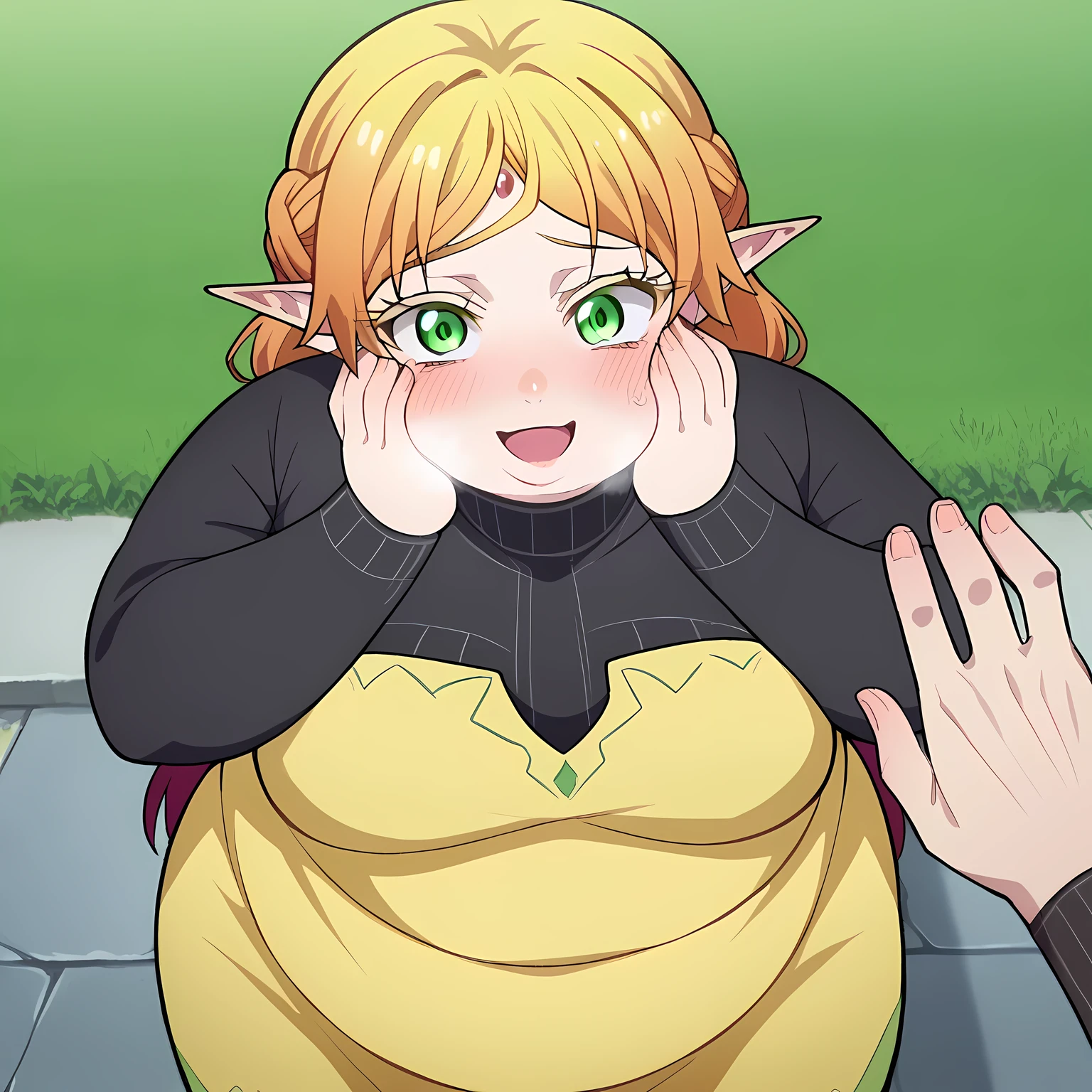 score_9, score_8_up, score_7_up, source_anime,
tsundereelf, tsundere elf, long hair, blonde hair, green eyes, pointy ears, elf, multicolored hair, forehead jewel,
dress, yellow dress, long sleeves, turtleneck bodysuit, pantyhose, sweater, black sweater,
outdoors, landscape, bent over, smile,
looking at viewer, cowboy shot, dutch angle, swollen face, fat, chubby, obese, open mouth, out of breath, absurdres, highres icon, rating:General, confused, blush, {flustered}, nervous sweating, portrait, pov hands, hand on another's cheek, averting eyes, [looking away], straight-on, from above,  upper body, masterpiece, best quality, ultra-detailed, high resolution, 8K, 