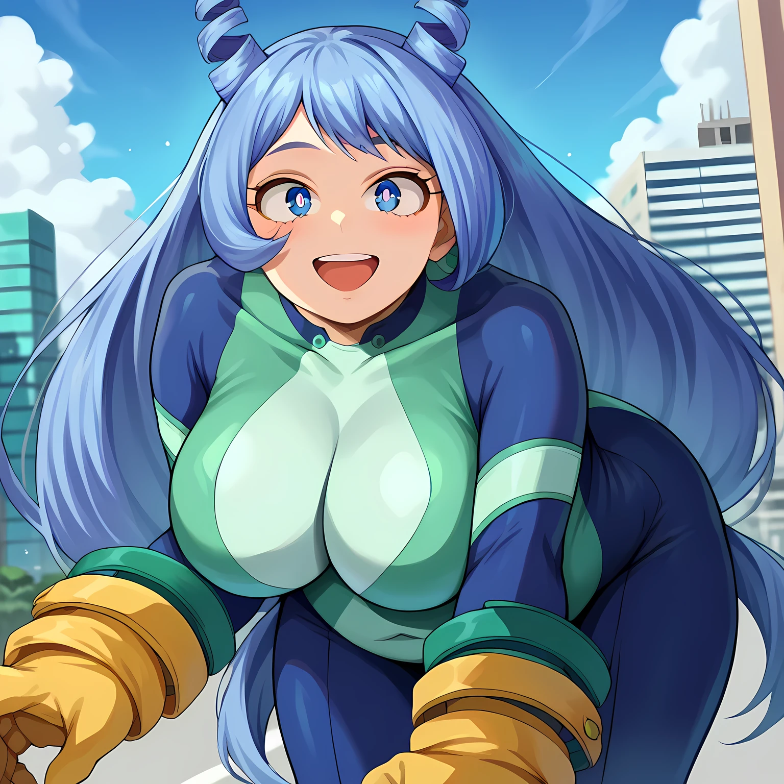 score_9, score_8_up, score_7_up, source_anime,
nejirehadou, nejire hadou, blue eyes, blue hair, long hair, smile,
blue bodysuit, bodysuit, drill hair, gloves, green bodysuit, multicolored bodysuit, multicolored clothes, yellow gloves, horns,
outdoors, cityscape, bent over,
looking at viewer, dutch angle, cowboy shot, fat, chubby, obese, gigantic arms and legs, large breasts open mouth, out of breath