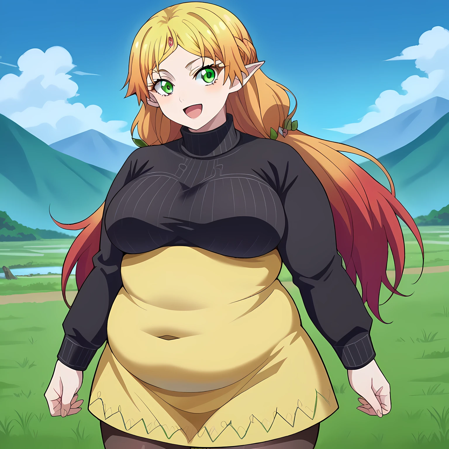 score_9, score_8_up, score_7_up, source_anime,
tsundereelf, tsundere elf, long hair, blonde hair, green eyes, pointy ears, elf, multicolored hair, forehead jewel,
dress, yellow dress, long sleeves, turtleneck bodysuit, pantyhose, sweater, black sweater,
outdoors, landscape, smile,
looking at viewer, cowboy shot, dutch angle, fat, chubby, obese, gigantic arms and legs, large breasts open mouth, out of breath