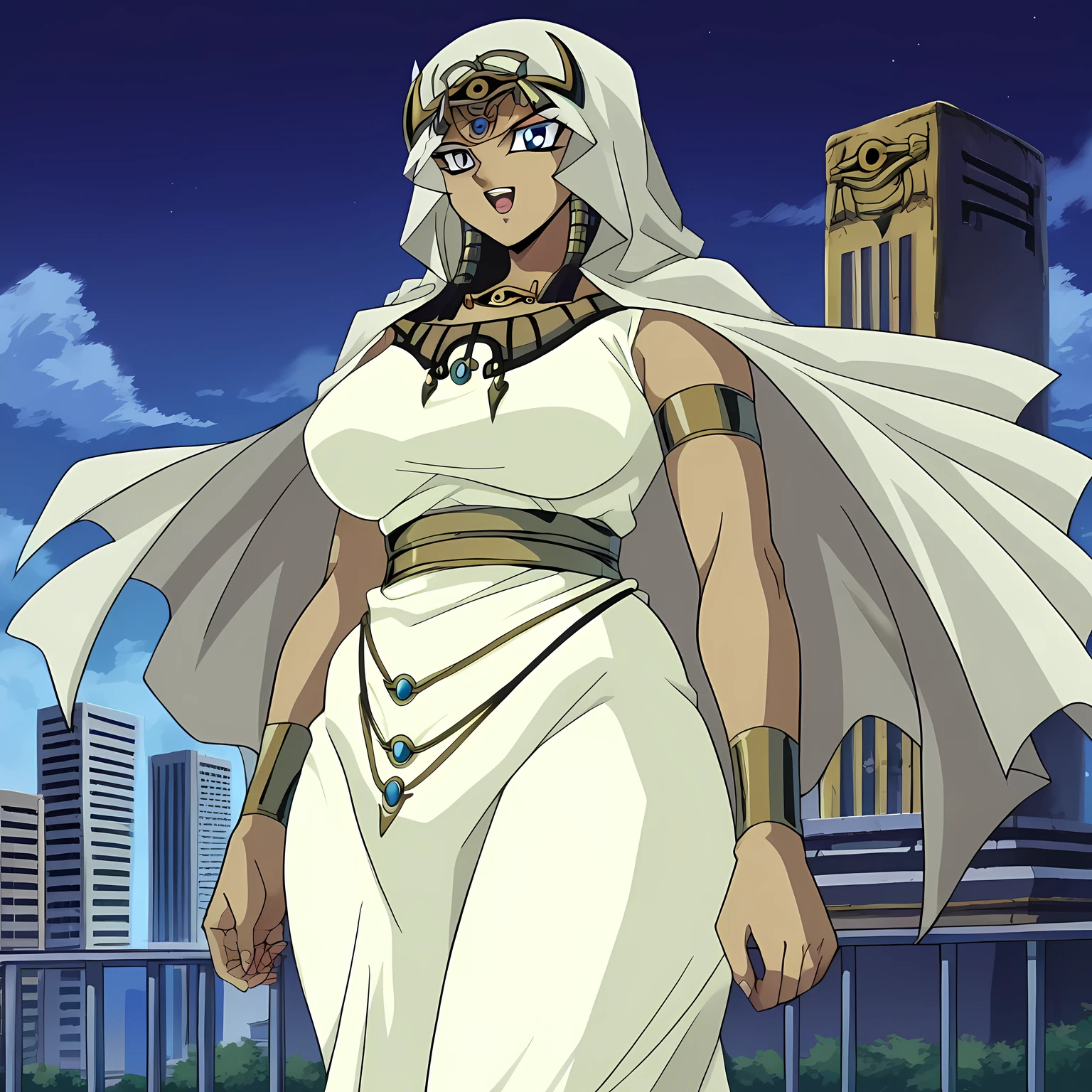 score_9, score_8_up, score_7_up, source_anime,
ishuzuishtar, ishuzu ishtar, blue eyes, dark skin, dark-skinned female, black hair, egyptian,
dress, jewelry, hood, cape, armlet, eye of horus,
outdoors, cityscape, smile,
looking at viewer, dutch angle, cowboy shot, fat, chubby, obese, gigantic arms and legs, large breasts open mouth, out of breath