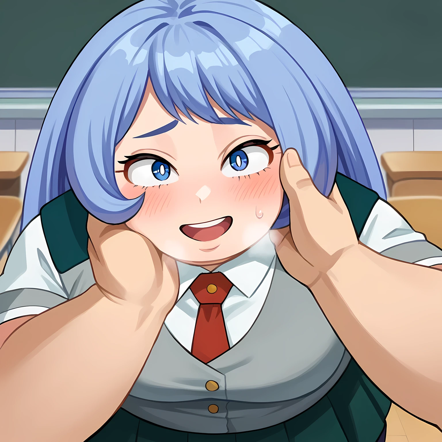 score_9, score_8_up, score_7_up, source_anime,
nejirehadou, nejire hadou, blue eyes, blue hair, long hair, smile,
necktie, pleated skirt, school uniform, short sleeves, skirt, u.a. school uniform,
indoors, classroom,
looking at viewer, dutch angle, cowboy shot, swollen face, fat, chubby, obese, open mouth, out of breath, absurdres, highres icon, rating:General, confused, blush, {flustered}, nervous sweating, portrait, pov hands, hand on another's cheek, averting eyes, [looking away], straight-on, from above,  upper body, masterpiece, best quality, ultra-detailed, high resolution, 8K, 