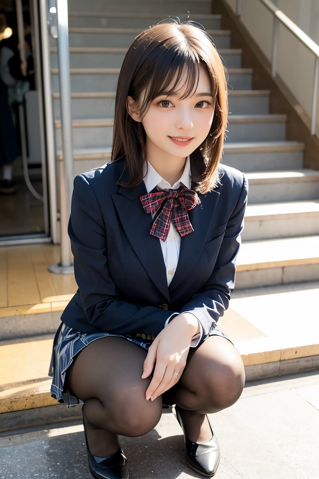 (Looking directly at Viewer:1.5),(big smile:1.2)32K, masterpiece, Raw photo, Best Quality, Photorealistic, Highly detailed CG Unity 32K wallpaper, depth of fields, Cinematic Light, Lens Flare, Ray tracing, (Extremely beautiful face, Beautiful lips, Beautiful eyes), intricate detailed face, ((Ultra detailed skin)) 1girl in, deep shadow, Cutest Pretty Japanese girl, Super Idol, 1 girl,(Happy smile:1.3), Clear eyes, Front shot, (pale skin), (Big eyes:1.2), Face forward, (Brown hairs), thick thighs, (Japanese school uniform:1.1),(double eyelies:1.3),long eyelashes,(white panties:1.2),balanced elegant face,(small mouth:1.1),drooping eyes, cubby ass, big hip
