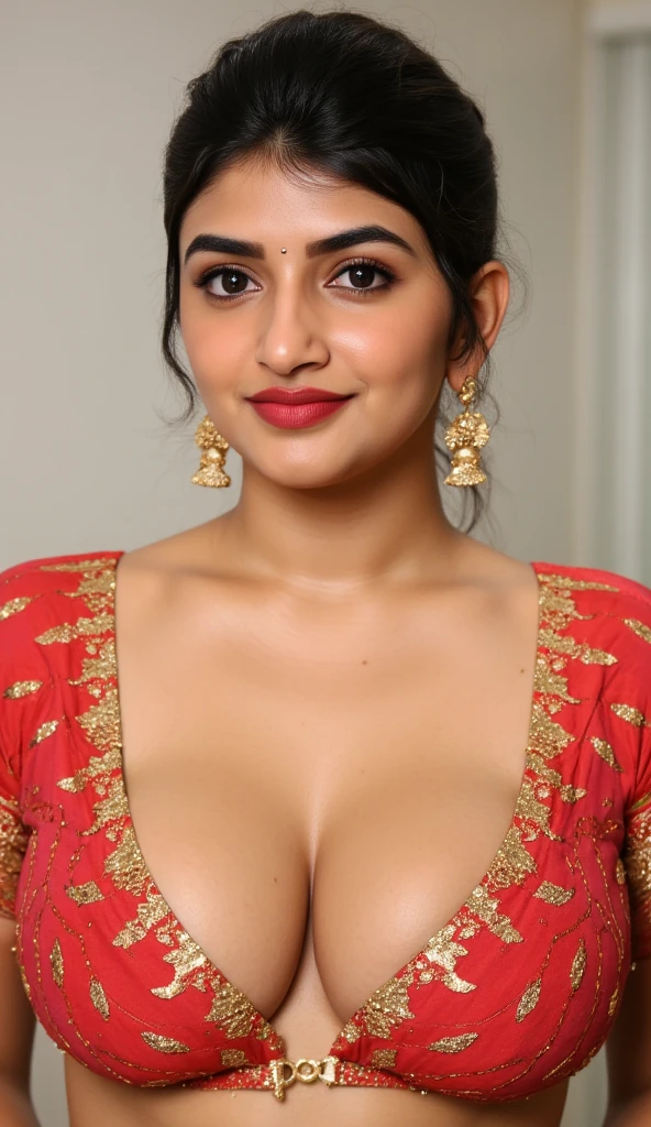  Indian woman masterpiece, best quality, ultra-detailed, (warm hue, warm tone: 1.2), wearing colorful saree big hook  blouse, 20 years old, (((big tits1.8))),((Huge breasts 1.6)),(((Plump body 1.8))),  (Indian instagram photo, Wearing hook blouse closeup face photo of 23 y.o Chloe in kebaya, Red Lipstick, sensual Lipstick, Sensational Make Up, cleavage, pale skin, (smile:0.4), hard shadows, White G-STRING, bright lighting 