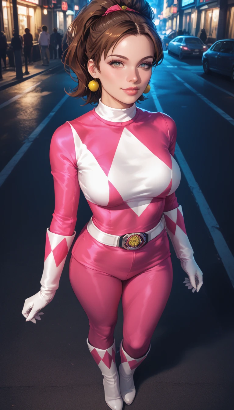 1girl, pink Power Ranger, sexy pose, hyper sexy body ((bust ratio: 45DD)), pear shape body, view from above, full body, standing, New York street brackground, by night. High quality. High detail. High resolution. Soft colors. Soft lighting. Retina. 