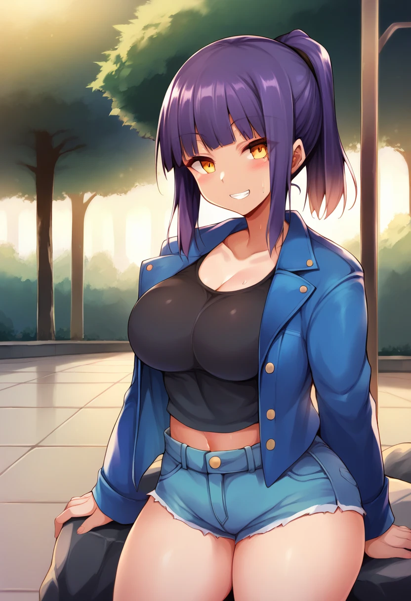 score_9, score_8_up, score_7_up, source_anime, 1girl, solo, park, amber eyes, violet hair, blue jacket, open jacket, black tank top, jean shorts, seated, on a rock, cowboy shot, grin, blush,  big breasts, wide hips, thick thighs, blunt bangs, ponytail, by senastronomy 