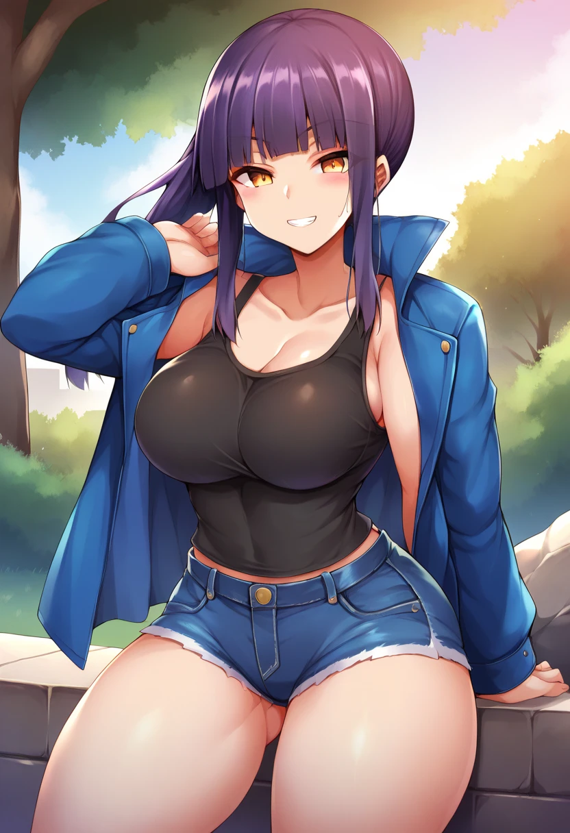 score_9, score_8_up, score_7_up, source_anime, 1girl, solo, park, amber eyes, violet hair, blue jacket, open jacket, black tank top, jean shorts, seated, on a rock, cowboy shot, grin, blush,  big breasts, wide hips, thick thighs, blunt bangs, ponytail, by senastronomy 