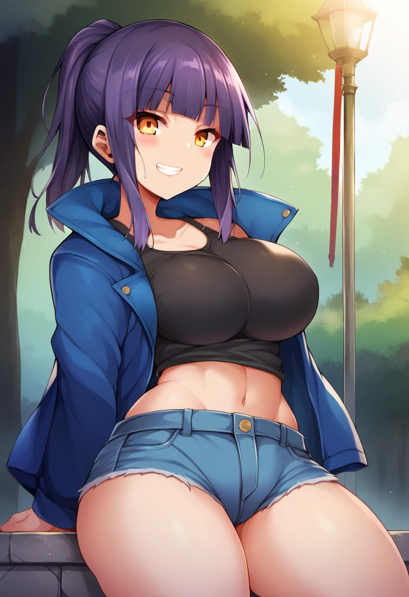 score_9, score_8_up, score_7_up, source_anime, 1girl, solo, park, amber eyes, violet hair, blue jacket, open jacket, black tank top, jean shorts, seated, on a rock, cowboy shot, grin, blush,  big breasts, wide hips, thick thighs, blunt bangs, ponytail, by senastronomy 