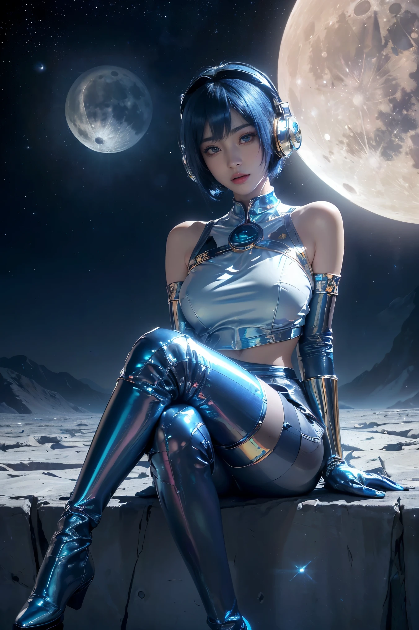 Outer space, a stunning beauty relaxing on the moon, the goddess of the moon, a dress with a moon pattern, abundant breasts and slender legs, unparalleled beauty, the goddess of beauty, and behind the goddess is a cool alien bodyguard. Masu, spaceship, advanced technology not found on earth, spherical spaceship, high image quality, high quality, photorealistic, realistic,