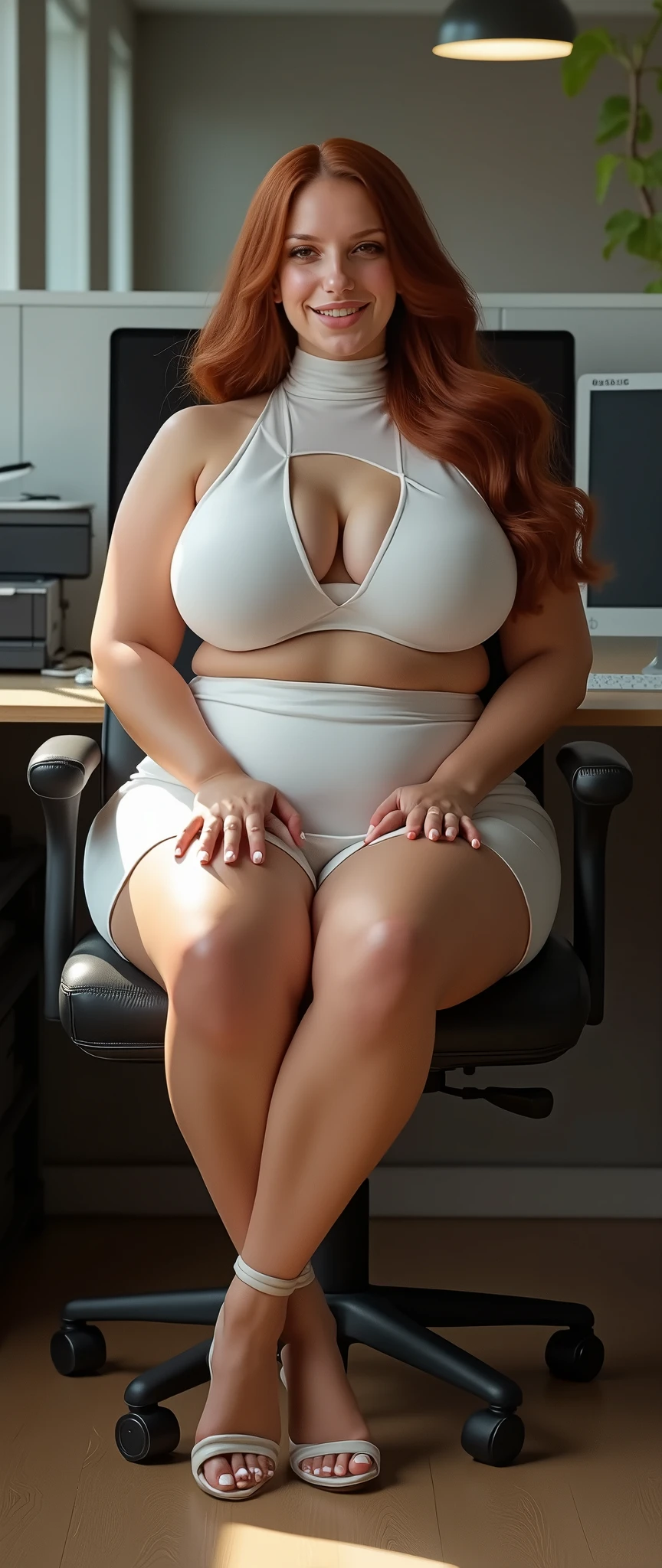 big booty thicc redhead mexican women is wearing black-pants and tight white-shirt