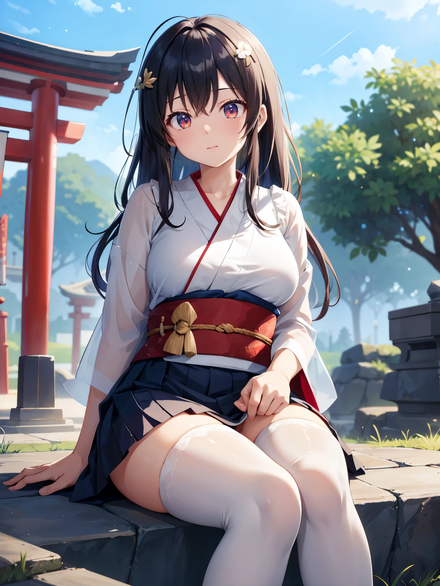 High resolution、photorealistic、very delicate and beautiful、delicate details、white skin、1 girl、japanese young girl、((dancing kagura))、(Japanese dance)、spread your hands、dance gracefully、(shrine maiden outfit )、(red hakama)、((Don&#39;t take off the girl&#39;s clothes))、small face、slim body、delicate body、thin arms、perfect hands、thin legs、perfect legs、((very young face))、perfect proportions、(in the sacred place of the shrine)、(torii)、((shrine maiden))、(angle from below)、smile、(firework)、((目を閉じてsmile))、closed eye