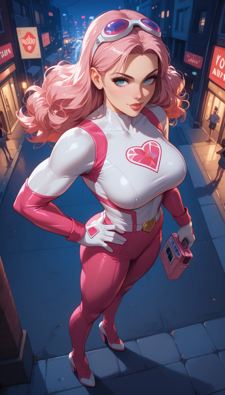 1girl, pink Power Ranger, sexy pose, hyper sexy body ((bust ratio: 45DD)), pear shape body, view from above, full body, standing, New York street brackground, by night. High quality. High detail. High resolution. Soft colors. Soft lighting. Retina. 