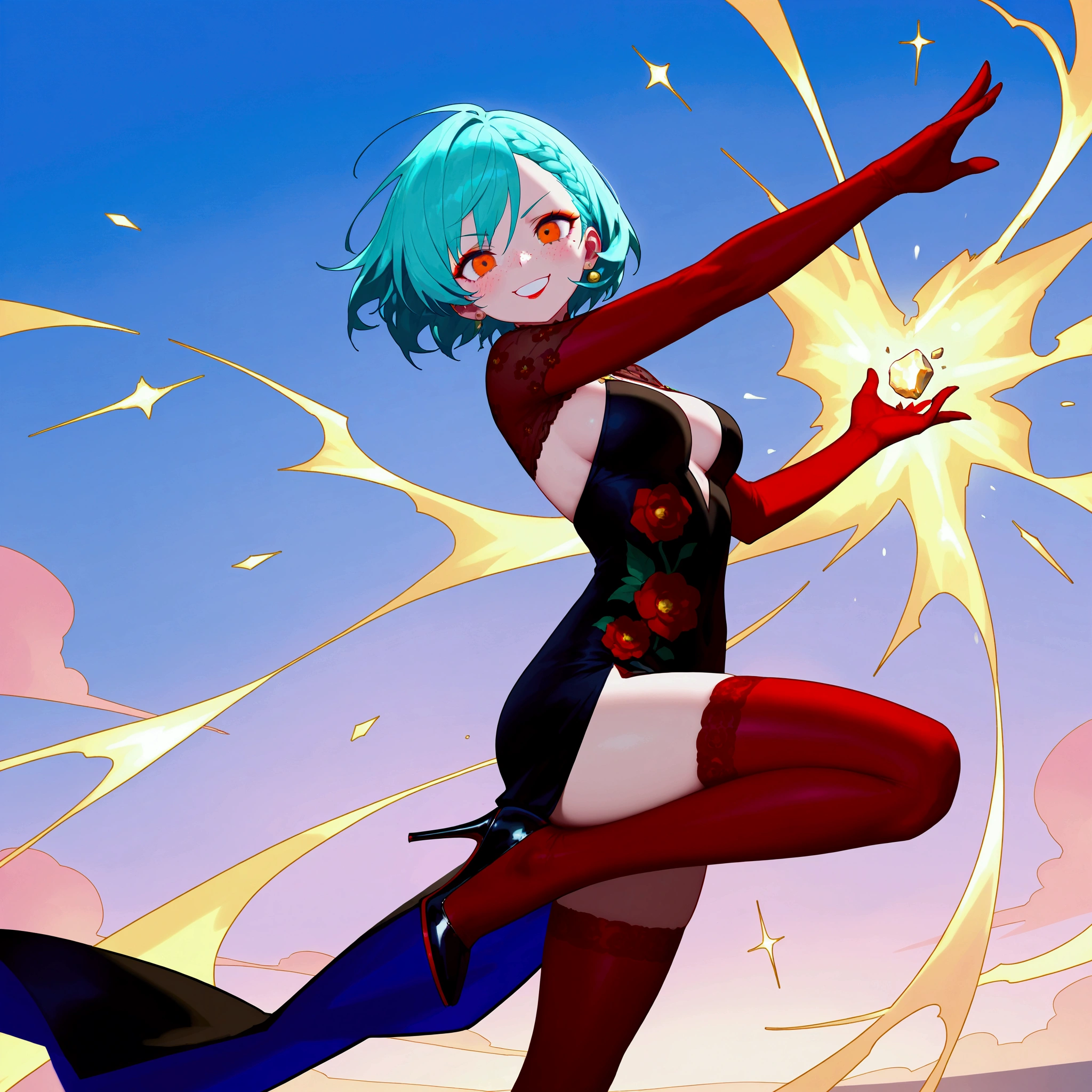masterpiece, best quality, highres, 1girl, solo, superhero, red leotard, bare legs, red boots, matching boots, aura, blue aura, sleeveless, red gloves, bracelets, matching gloves, looking at viewer, light particles, city backdrop, perfect hands, perfect eyes, powering up, perfect leotard, perfect legs, perfect arms, perfect fingers, light blue and dark green leotard, green hair, aquamarine eyes, medium breasts, short hair, bob hair, blue skin, light sprinkles,