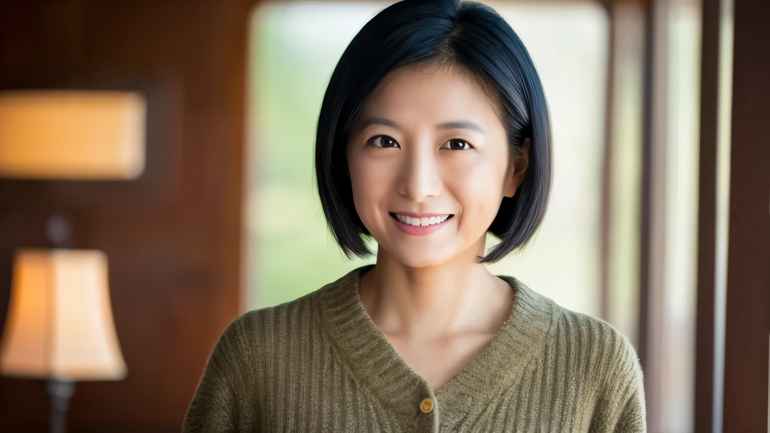 portrait, 8K, high quality, realistic photo image, Japanese woman, 40 years old, neat and clean wife, housewife, lovely wife, small breasts, very thin waist, reproduce natural and realistic eyes, cute face, detailed face, smile, beautiful black hair, octane rendering, beautiful lighting, golden ratio composition, casual clothes, sober clothes, casual attire, natural background, blurred background, light makeup, mature woman, background blur