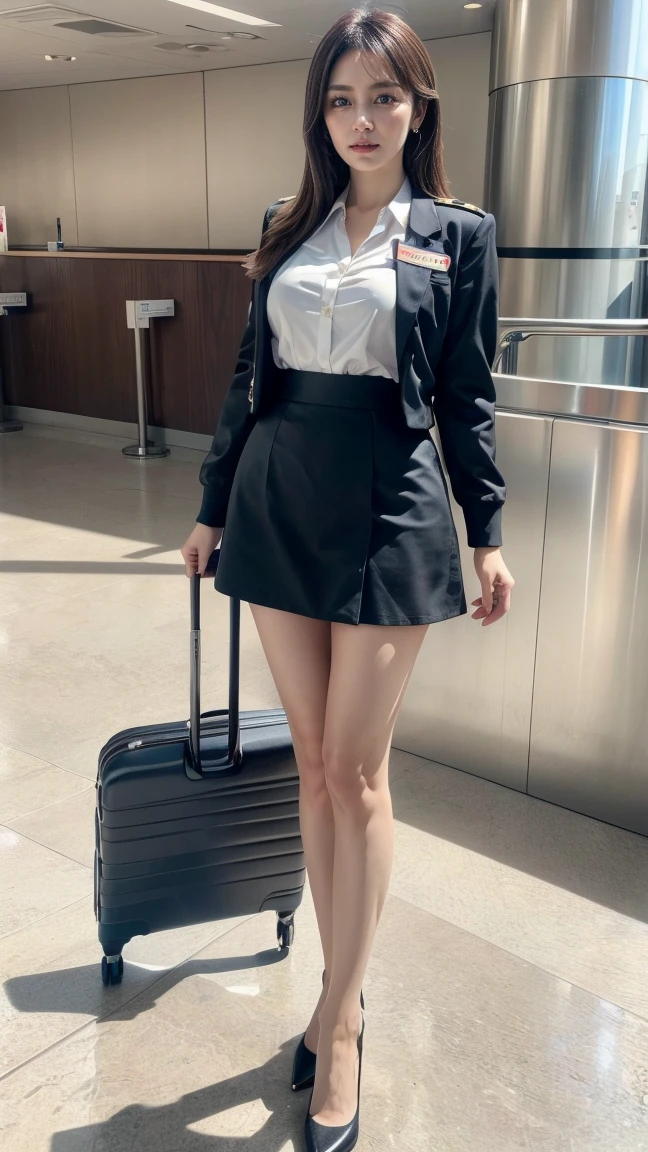 A beautiful, 24-year-old Japanese woman with perfect anatomy, healthy thighs, beautiful legs, beautiful skin, random hair color and style, large breasts, (wearing a flight attendant uniform with a mini-skirt:1.3), (she is standing:1.2), full body shot, pumps, carrying a suitcase, at the airport, (best quality,4k,8k,highres,masterpiece:1.3),(extremely detailed:1.2),realistic,photorealistic,photo-realistic:1.37,professional,vivid colors, studio lighting