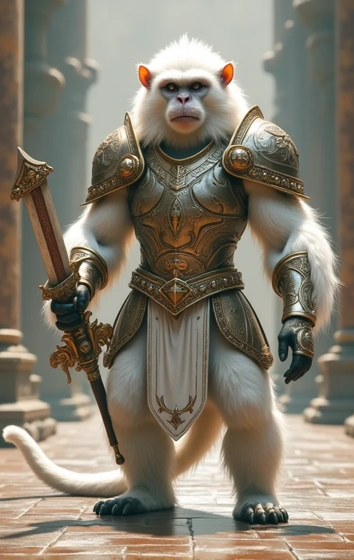 Adult handsome guy, with white rabbit ears, with a big beautiful sickle, in ancient armor, Art,