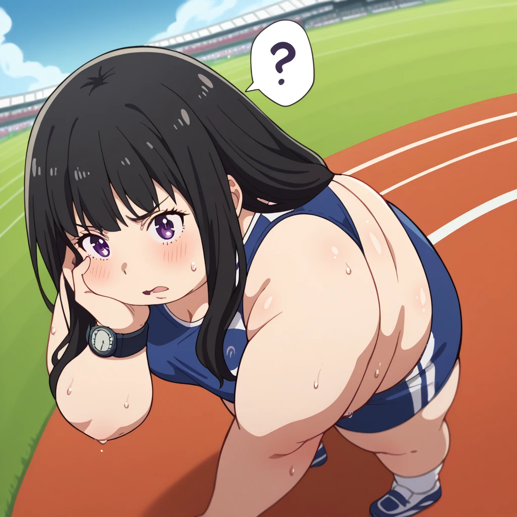 score_9, score_8_up, score_7_up, source_anime,
takinainoue, inoue takina, long hair, bangs, black hair, purple eyes,
crop top, white socks, buruma, sports bra, sportswear, wristwatch, sports bikini,
outdoors, track and field, stadium, bent over,
looking at viewer, cowboy shot, dutch angle, solo, swollen face, fat, chubby, obese, open mouth, out of breath, absurdres, highres icon, rating:General, confused, blush, spoken question mark, {flustered}, nervous sweating, portrait, pov hands, hand on another's cheek, averting eyes, [looking away], straight-on, from above,  upper body, masterpiece, best quality, ultra-detailed, high resolution, 8K, absurdres, highres icon, sweaty, wet with sweat, exhuasted