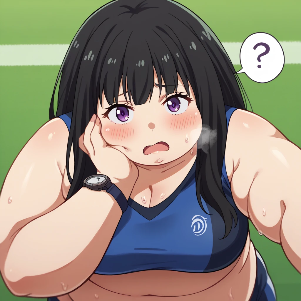 score_9, score_8_up, score_7_up, source_anime,
takinainoue, inoue takina, long hair, bangs, black hair, purple eyes,
crop top, white socks, buruma, sports bra, sportswear, wristwatch, sports bikini,
outdoors, track and field, stadium, bent over,
looking at viewer, cowboy shot, dutch angle, solo, swollen face, fat, chubby, obese, open mouth, out of breath, absurdres, highres icon, rating:General, confused, blush, spoken question mark, {flustered}, nervous sweating, portrait, pov hands, hand on another's cheek, averting eyes, [looking away], straight-on, from above,  upper body, masterpiece, best quality, ultra-detailed, high resolution, 8K, absurdres, highres icon, sweaty, wet with sweat, exhuasted