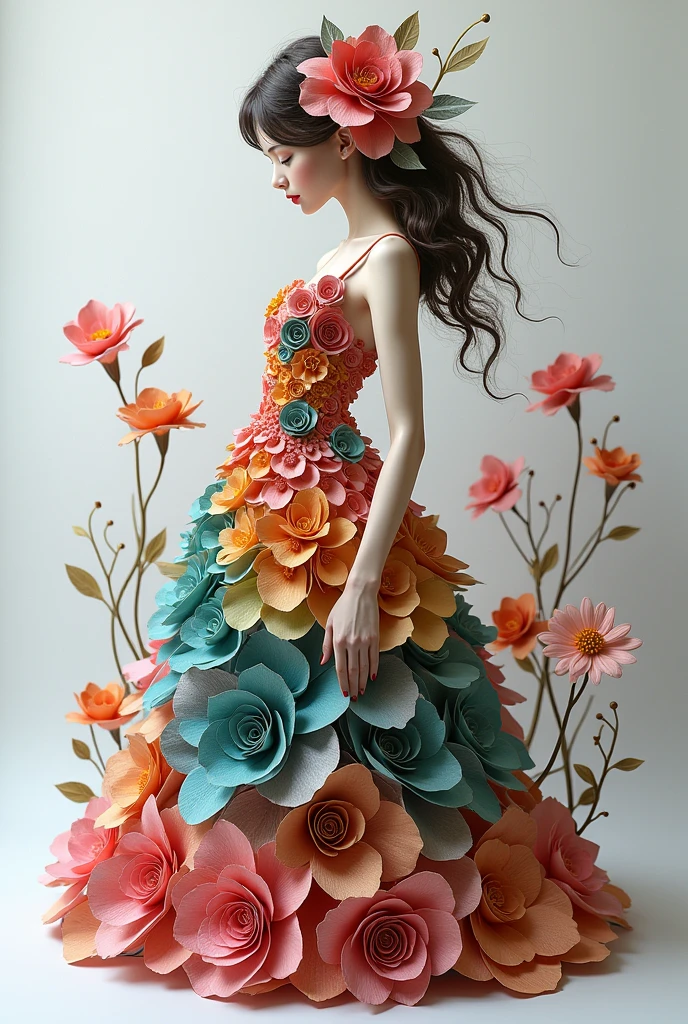 An ultra-realistic, mesmerizing full-length depiction of a whimsical woman figure, inspired by the exquisite craftsmanship of quilling paper curls in various shades of color. She gracefully emerges from a mixture of multi-layered structures of volumetric layers and paper textures, her perfect natural anatomical form subtly revealed through masterfully folded layers of twisted paper mixed with cotton pieces. Her enchanting beauty is enhanced by intricate details from calligraphically twisted fabric patches covering the space from hair to toes, her gentle gaze is captivating, and her elegance and charm are admirable. She radiates subtle fluids of charm and mixes fine art with complex, captivating textures of volumetric quilling installations.