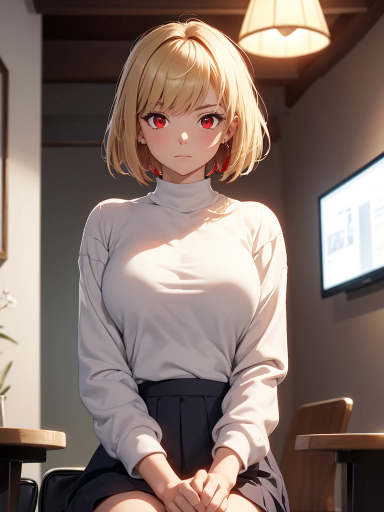 (​masterpiece, top-quality, hight resolution, Unity 8k, extremely details CG:1, Best Picture), 1girl, Upper body, ((blonde hair, (red eyes:1.5), short hair)), A young woman sitting on a simple chair in a cozy indoor studio setting, looking slightly nervous and shy as if she is participating in her first interview. She is wearing modest and properly fitted casual clothing, such as a blouse and skirt or a sweater and jeans, appropriate for a professional setting. Her hands are gently clasped together on her lap, and her posture is slightly stiff, reflecting her initial tension. The background includes soft lighting, a clean and minimalist decor, and a simple table or lamp in the corner. The woman has a natural beauty, with her hair neatly styled, and her expression shows a mix of nervousness and a desire to make a good impression. The atmosphere is professional yet relaxed, emphasizing her beginner status in this fictional scenario.