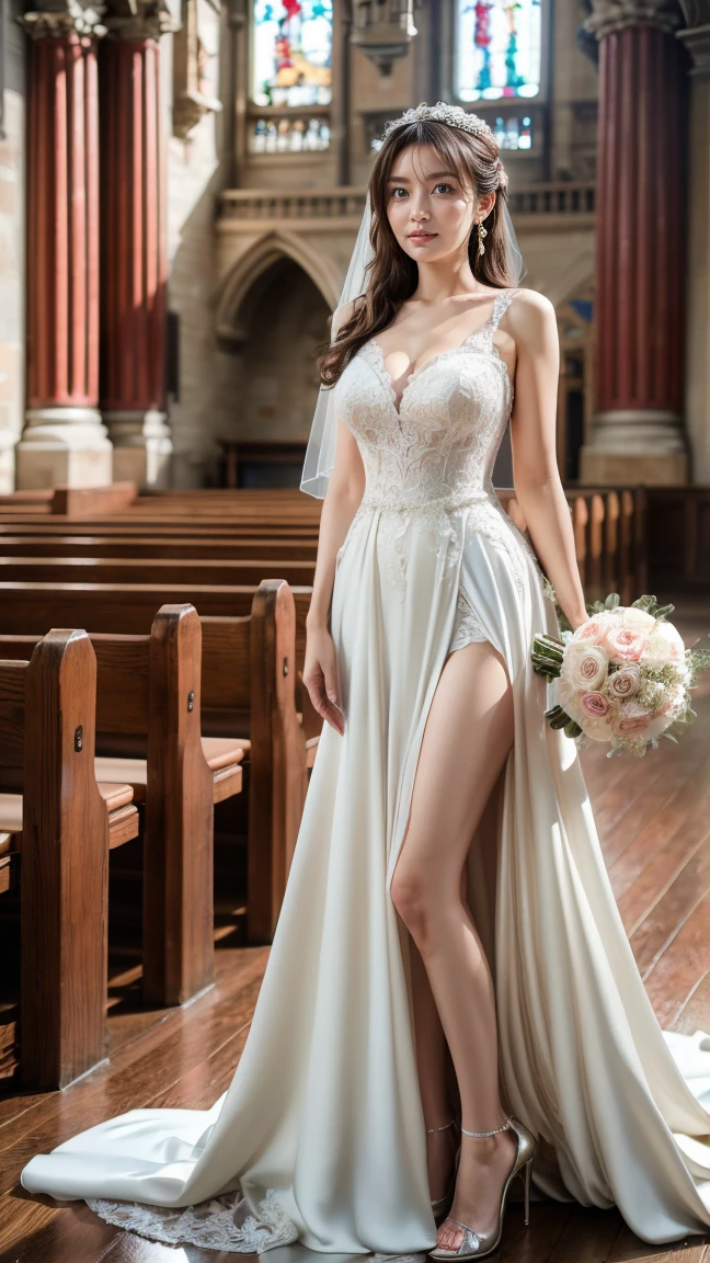 A beautiful young Japanese woman, 26 years old, with healthy thighs, beautiful legs, flawless skin, random hair color and style, large breasts, wearing a (wedding dress:1.3), (she is standing:1.2), full body shot, high heels, holding a bouquet in her hands, in a church setting, (best quality,8k, masterpiece:1.3), (extremely detailed:1.2), perfect anatomy