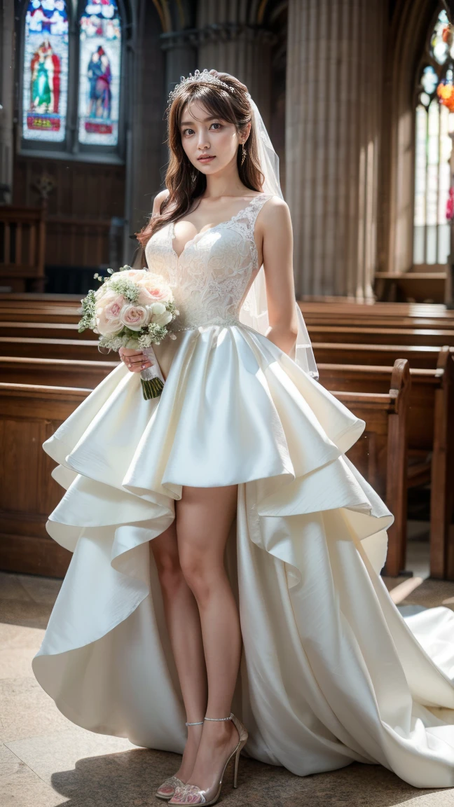 A beautiful young Japanese woman, 26 years old, with healthy thighs, beautiful legs, flawless skin, random hair color and style, large breasts, wearing a (wedding dress:1.3), (she is standing:1.2), full body shot, high heels, holding a bouquet in her hands, in a church setting, (best quality,8k, masterpiece:1.3), (extremely detailed:1.2), perfect anatomy