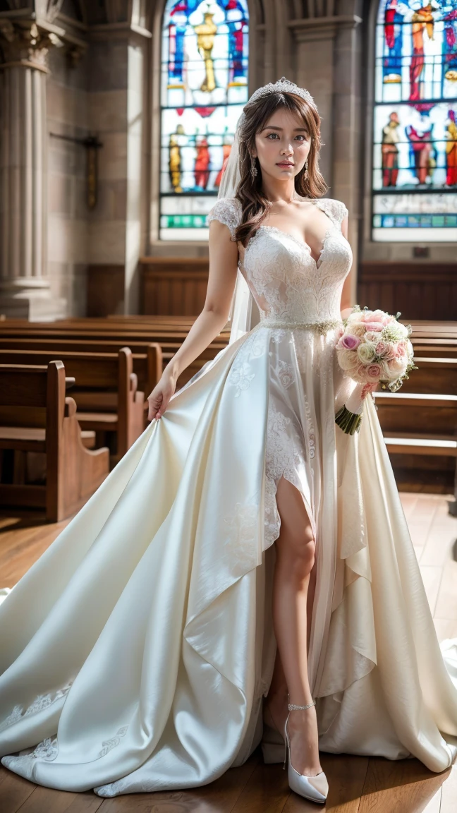 A beautiful young Japanese woman, 26 years old, with healthy thighs, beautiful legs, flawless skin, random hair color and style, large breasts, wearing a (wedding dress:1.3), (she is standing:1.2), full body shot, high heels, holding a bouquet in her hands, in a church setting, (best quality,8k, masterpiece:1.3), (extremely detailed:1.2), perfect anatomy