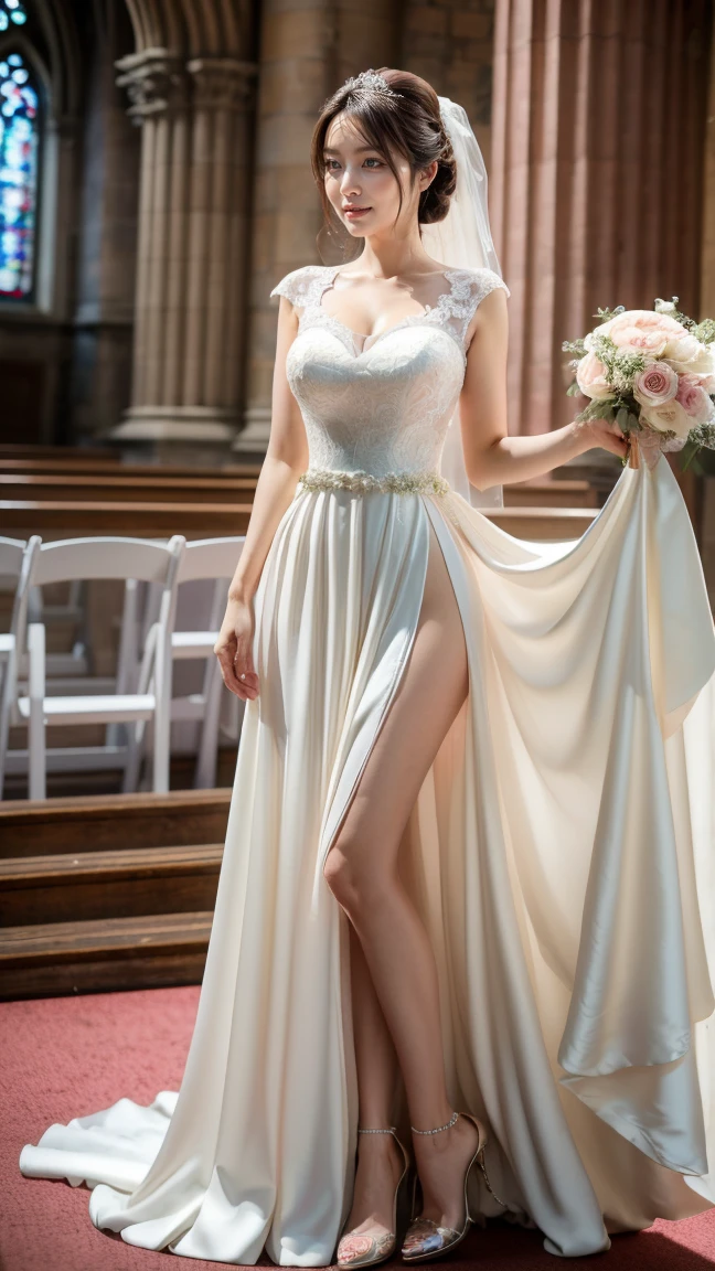 A beautiful young Japanese woman, 26 years old, with healthy thighs, beautiful legs, flawless skin, random hair color and style, large breasts, wearing a (wedding dress:1.3), (she is standing:1.2), full body shot, high heels, holding a bouquet in her hands, in a church setting, (best quality,8k, masterpiece:1.3), (extremely detailed:1.2), perfect anatomy