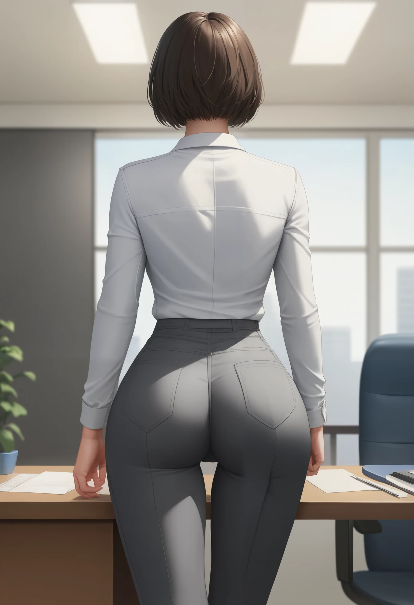 ( top quality, 8k, 32K, Masterpiece , super high resolution:1.2), one girl, Beautiful Japanese Women , Thin Waist, grey suit, white shirt, OL, suit, joe jet pants, From behind , office room, mechanical, ( Buttocks sticking out while wearing underpants:1.2), detailed face , short hair to be shouldered,