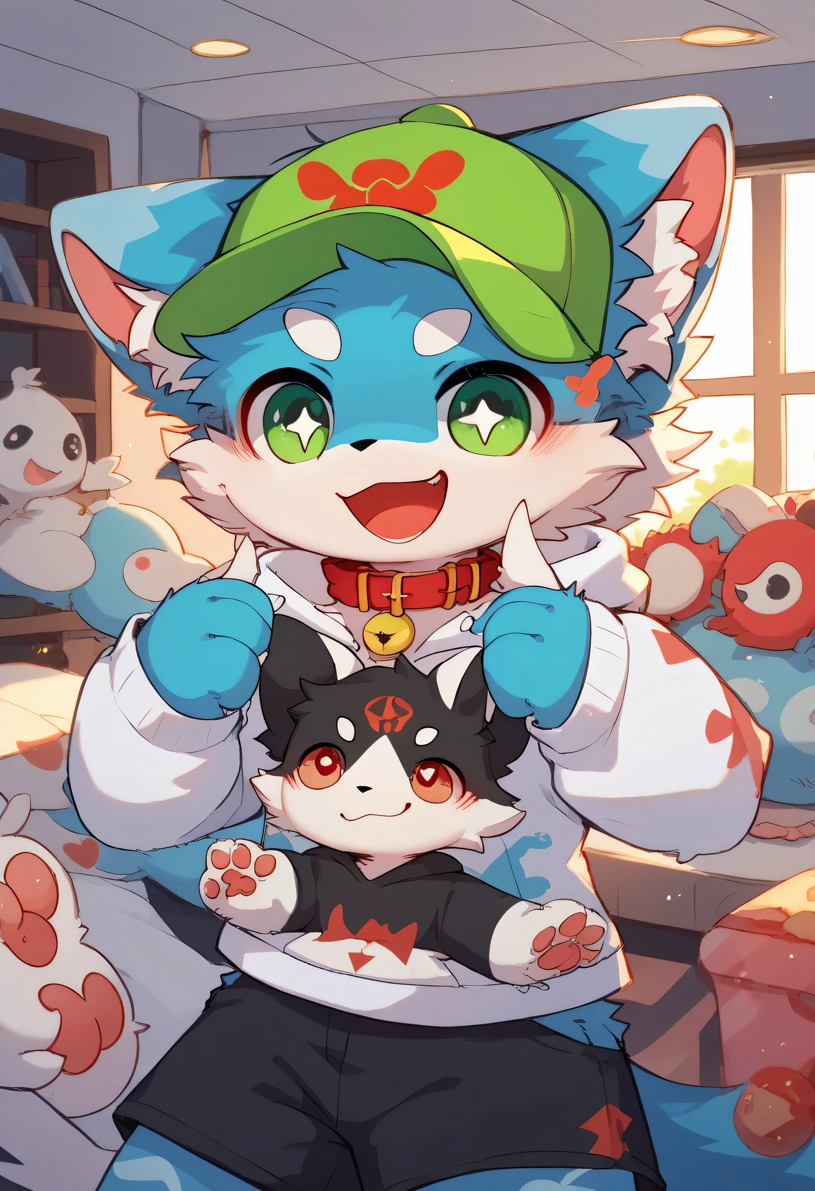 very detailedな, very detailed, gray hair with blue fur,,male, looked at his bones, Heart Eyes, participate, Red collar, Green-white and colored hat, cute face, fluffy fur like one, Excited, Horny boy, Beautiful room, ren&#39;s room, Smiling face, Dropped ears, toy, Let's play! my mental age is, Want, black shorts, sweatshirt, Long Sleeve, Trendy,One person,