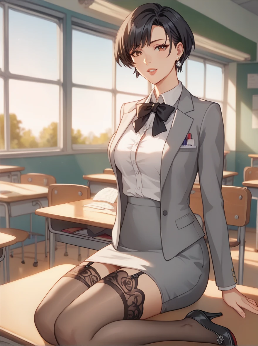  1 girl ,  Beautiful mature woman , Alone,  black hair,  short hair ,Diagonal bangs,  Brown Eyes  ,   earrings for 1 woman , clavicle,  medium chest ,formal grey jacket,  white cutter shirt, Ribbon tie, gray pencil skirt ,  black garter stockings , black heels , Background School Empty Classroom ,evening,Viewers,  textured skin,   anatomically accurate ,  Masterpiece  ,   is high definition , Accurate, 最  High Quality  ,    high detail  ,   high definition model ,   High Quality  ,   very detailed,   super high resolution,  8k octane , 