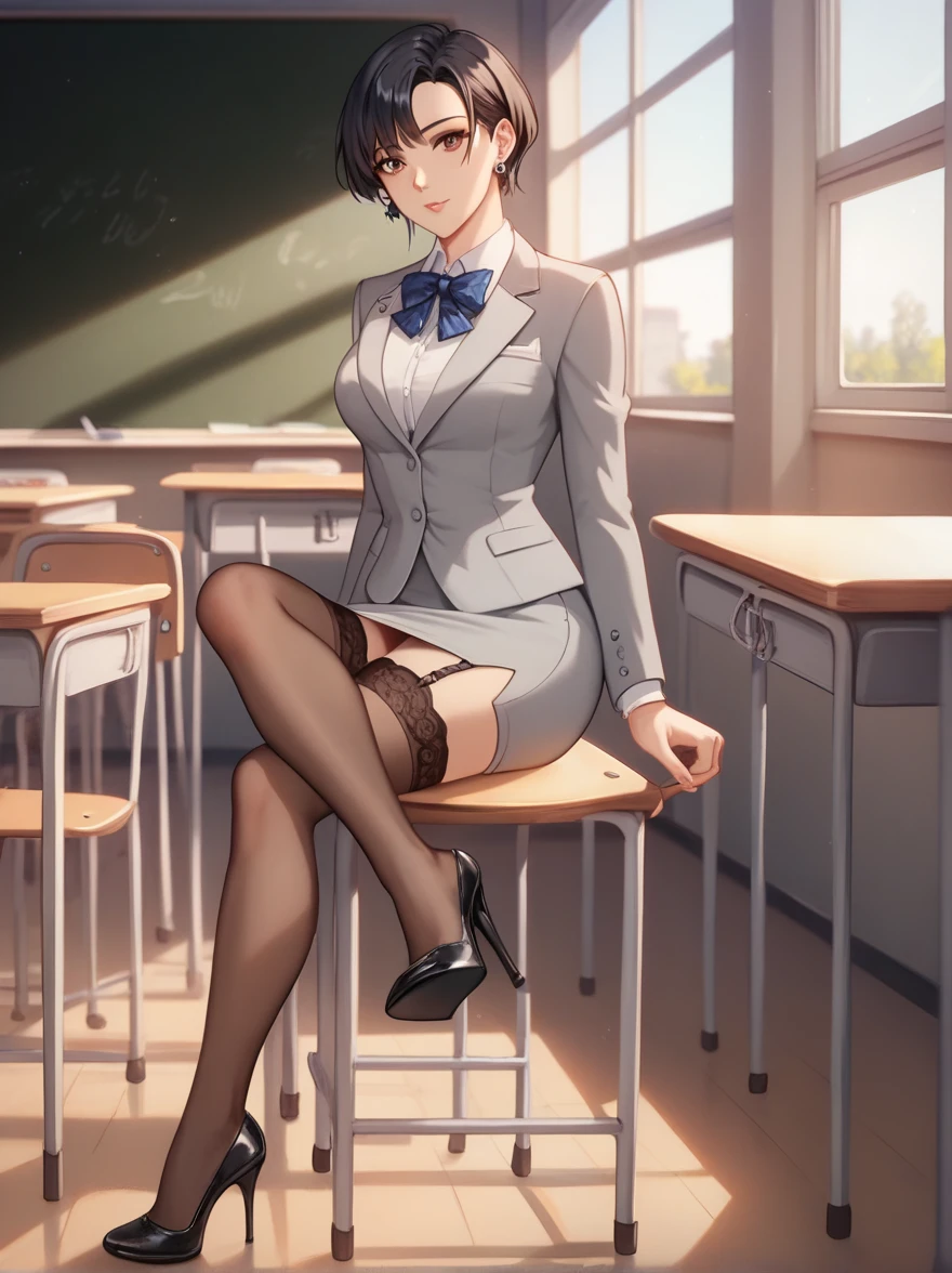  1 girl ,  Beautiful mature woman , Alone,  black hair,  short hair ,Diagonal bangs,  Brown Eyes  ,   earrings for 1 woman , clavicle,  medium chest ,formal grey jacket,  white cutter shirt, Ribbon tie, gray pencil skirt ,  black garter stockings , black heels , Background School Empty Classroom ,evening,Viewers,  textured skin,   anatomically accurate ,  Masterpiece  ,   is high definition , Accurate, 最  High Quality  ,    high detail  ,   high definition model ,   High Quality  ,   very detailed,   super high resolution,  8k octane , 