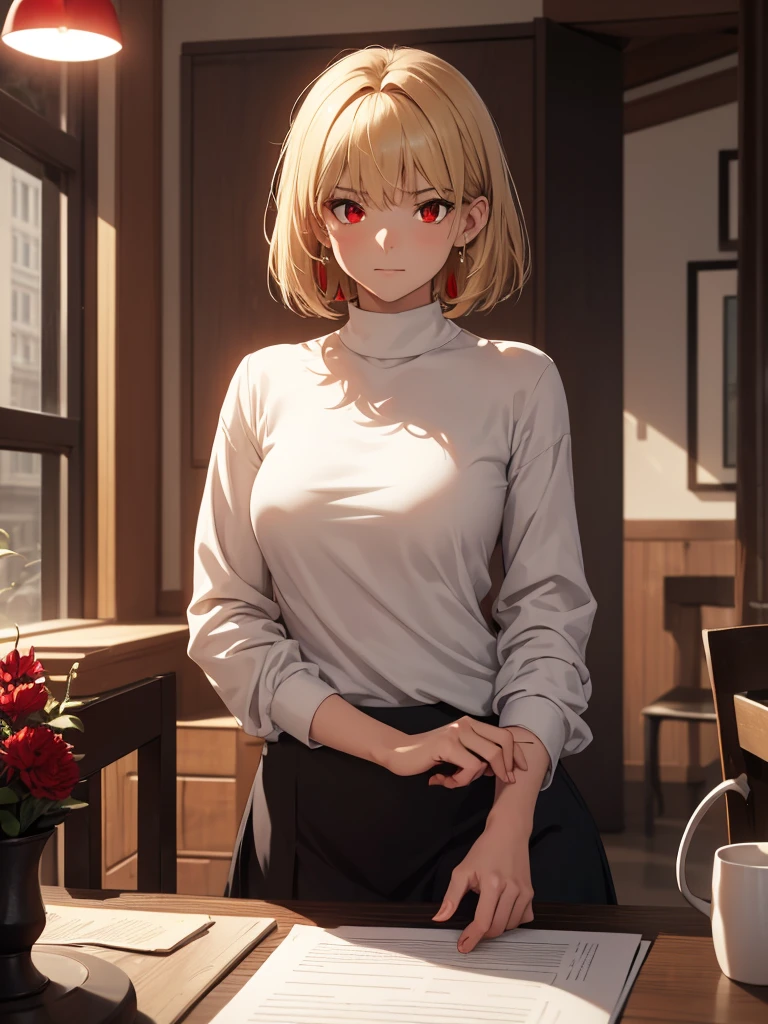 (​masterpiece, top-quality, hight resolution, Unity 8k, extremely details CG:1, Best Picture), ((from front)), 1girl, Upper body, ((blonde hair, (red eyes:1.5), short hair)), A young woman sitting on a simple chair in a cozy indoor studio setting, looking slightly nervous and shy as if she is participating in her first interview. She is wearing modest and properly fitted casual clothing, such as a blouse and skirt or a sweater and jeans, appropriate for a professional setting. Her hands are gently clasped together on her lap, and her posture is slightly stiff, reflecting her initial tension. The background includes soft lighting, a clean and minimalist decor, and a simple table or lamp in the corner. The woman has a natural beauty, with her hair neatly styled, and her expression shows a mix of nervousness and a desire to make a good impression. The atmosphere is professional yet relaxed, emphasizing her beginner status in this fictional scenario.