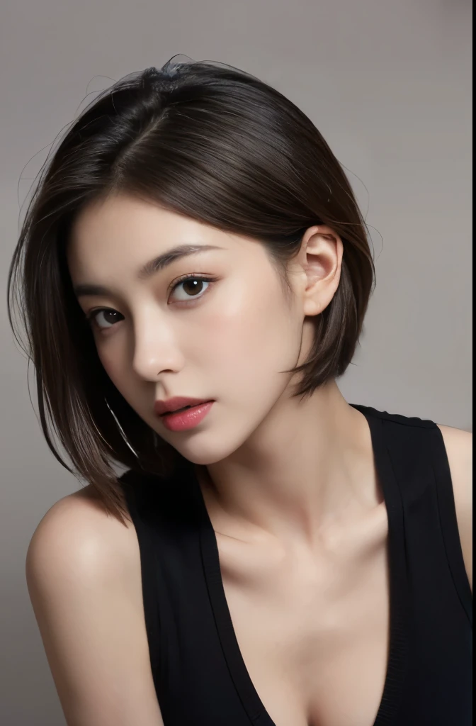 (((((a 20 yo woman, Luxurious dresses, cowboy shot, from side, black very short hair, ))))), ((((masterpiece, best quality, highly detailed, RAW photo, 超A high resolution)))), Highly detailed facial and skin texture, A detailed eye, Crisp focus, an asian young and beautiful girl, de pele branca, Real human skin, oval-face, pores, A person who sees with calm and goddess-like eyes, lipgloss, eye lashes, Gloss Face, Wide range of lighting, Natural shading, small waist, slender body, slight smile, Clear facial features, beautiful countenance, double eyelids, sagging eyes, Large rooms in luxury hotels