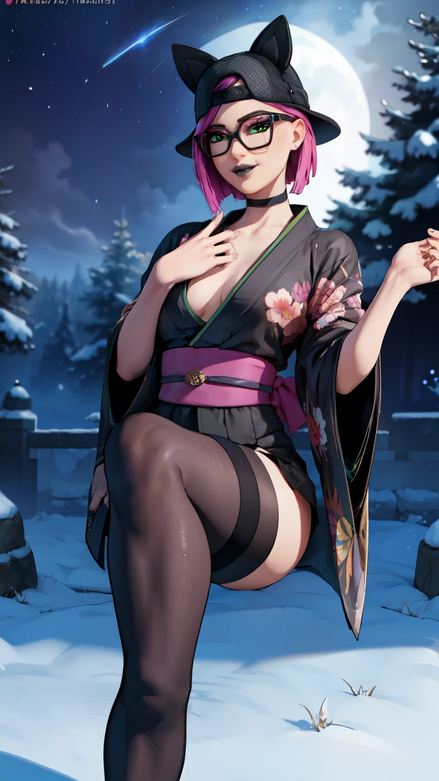 female, blonde short hair with purple trim, purple eyes, robotic, (((1girl))), (((purple kimono with light blue snowflakes))), (Japanese sandals), (glasses), cute and sexy, full body, large breasts, large butt, long legs, smiling, back turned
