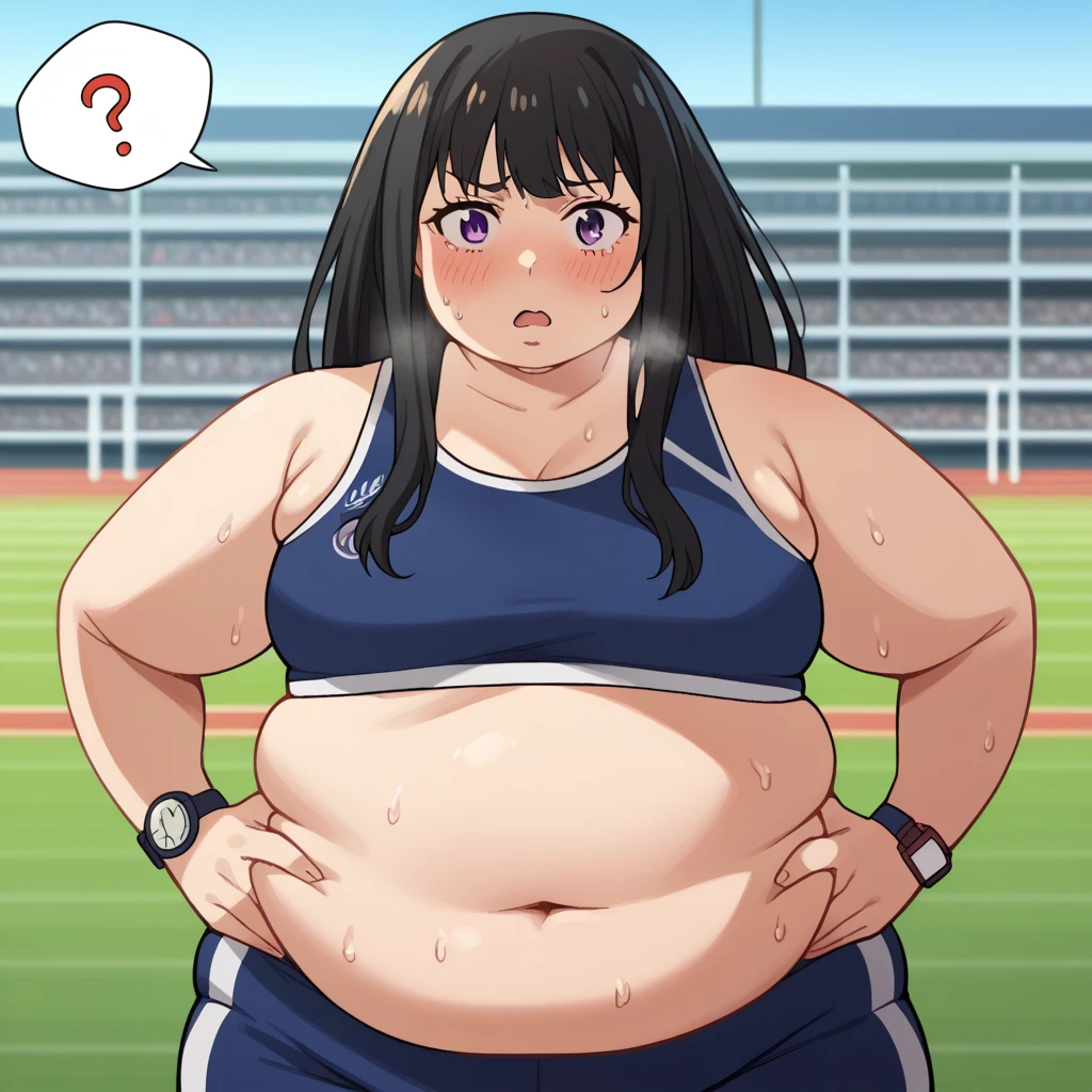 score_9, score_8_up, score_7_up, source_anime,
takinainoue, inoue takina, long hair, bangs, black hair, purple eyes,
crop top, white socks, buruma, sports bra, sportswear, wristwatch, sports bikini,
outdoors, track and field, stadium,
looking at viewer, cowboy shot, solo, swollen face, fat, chubby, obese, open mouth, out of breath, absurdres, highres icon, rating:General, confused, blush, spoken question mark, {flustered}, nervous sweating, portrait, , averting eyes, [looking away], straight-on,  upper body, masterpiece, best quality, ultra-detailed, high resolution, 8K, absurdres, highres icon, sweaty, wet with sweat, exhuasted, hands on hips, heavy breathing, half body