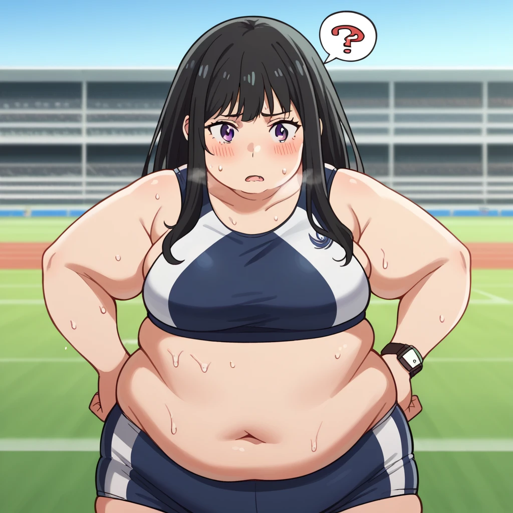 score_9, score_8_up, score_7_up, source_anime,
takinainoue, inoue takina, long hair, bangs, black hair, purple eyes,
crop top, white socks, buruma, sports bra, sportswear, wristwatch, sports bikini,
outdoors, track and field, stadium,
looking at viewer, cowboy shot, solo, swollen face, fat, chubby, obese, open mouth, out of breath, absurdres, highres icon, rating:General, confused, blush, spoken question mark, {flustered}, nervous sweating, portrait, , averting eyes, [looking away], straight-on,  upper body, masterpiece, best quality, ultra-detailed, high resolution, 8K, absurdres, highres icon, sweaty, wet with sweat, exhuasted, hands on hips, heavy breathing, half body