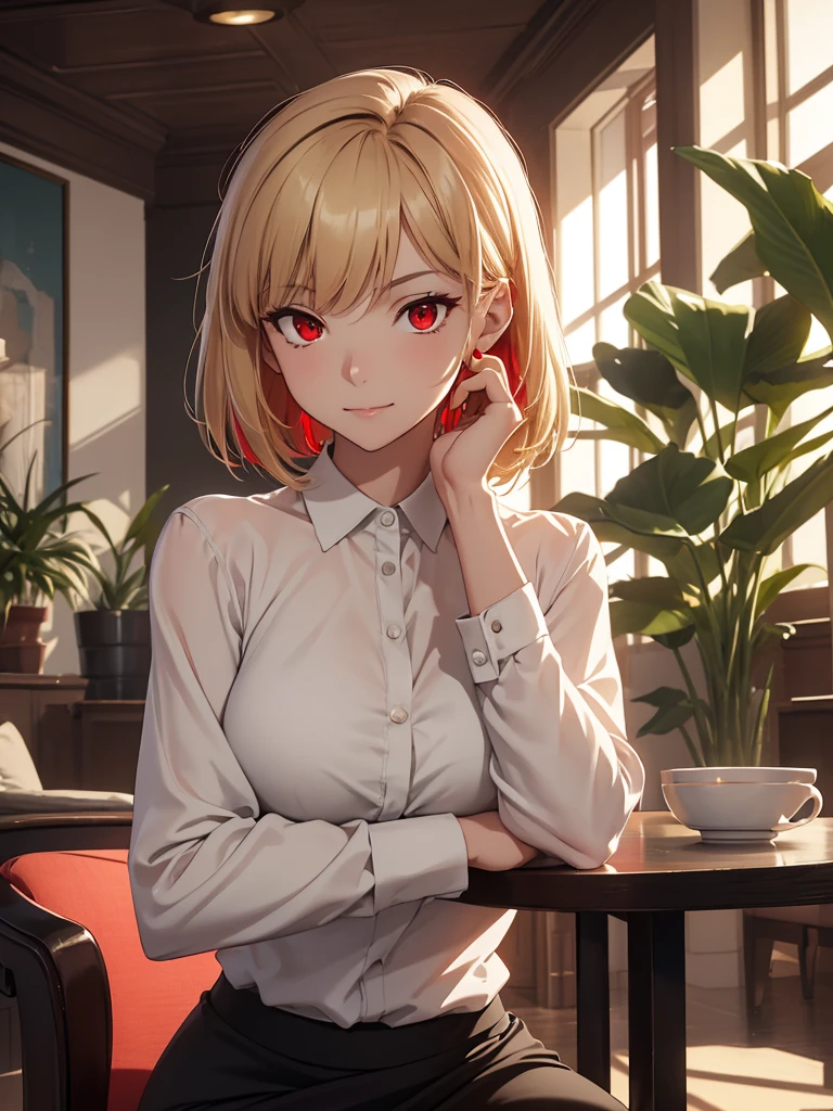 (​masterpiece, top-quality, hight resolution, Unity 8k, extremely details CG:1, Best Picture), ((from front)), 1girl, Upper body, ((blonde hair, (red eyes:1.5), short hair)), "A confident young woman sitting in a brightly lit interview room with a casual and welcoming atmosphere. She is dressed in smart-casual attire, such as a fitted blouse and trousers or a pencil skirt, conveying a poised yet approachable demeanor. The background features indoor plants and tasteful decor, creating a neutral and comfortable setting.
Her facial expression exudes self-assurance, with a small, knowing smirk on her lips and relaxed eyes that subtly show control and ease. Her posture is casual yet commanding—one leg crossed over the other, and one hand resting on the armrest of the chair while the other gently touches her chin in a thoughtful gesture. She speaks in a calm, controlled manner, radiating confidence, as though she knows exactly what to expect from the situation and is entirely unphased by it."