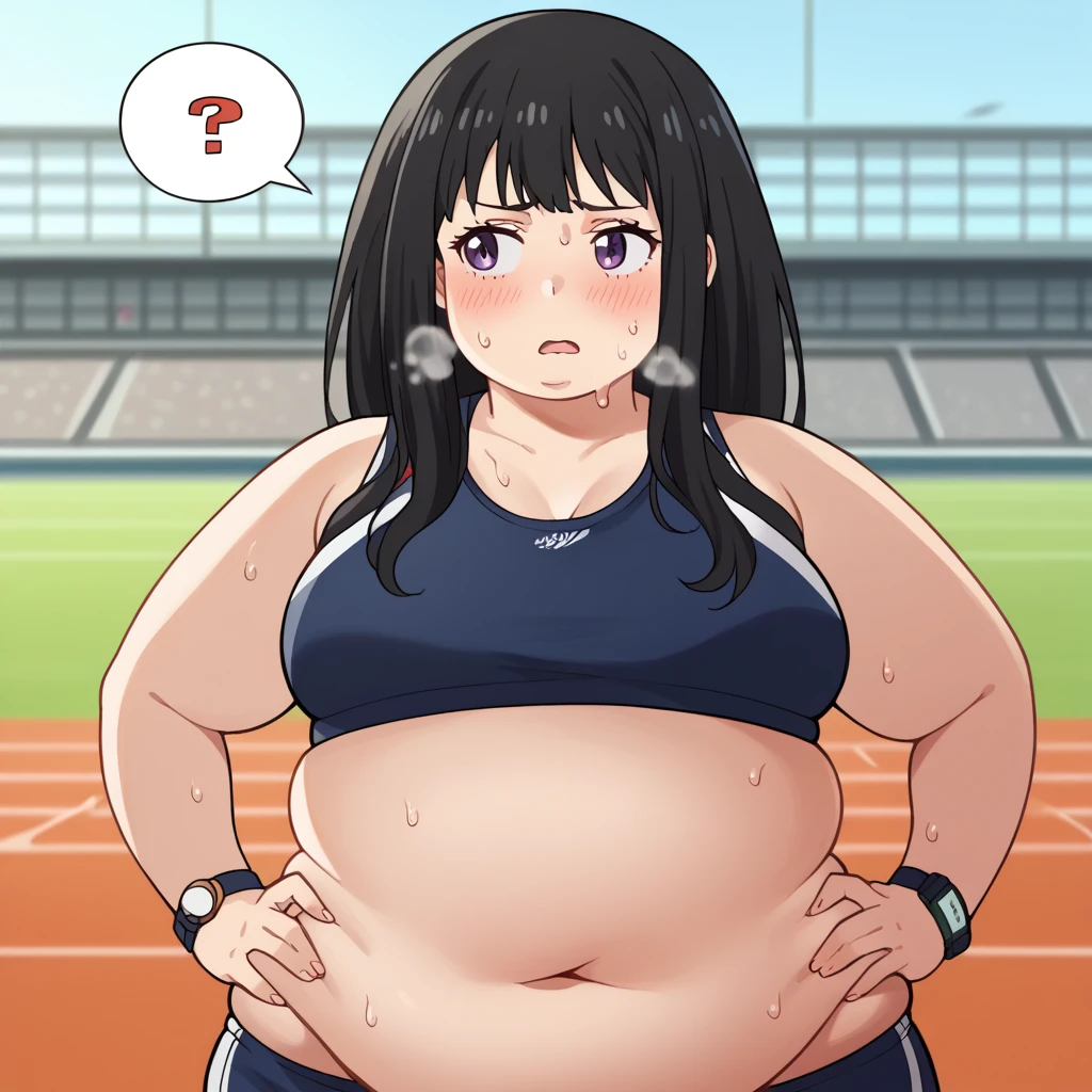 score_9, score_8_up, score_7_up, source_anime,
takinainoue, inoue takina, long hair, bangs, black hair, purple eyes,
crop top, white socks, buruma, sports bra, sportswear, wristwatch, sports bikini,
outdoors, track and field, stadium,
looking at viewer, cowboy shot, solo, swollen face, fat, chubby, obese, open mouth, out of breath, absurdres, highres icon, rating:General, confused, blush, spoken question mark, {flustered}, nervous sweating, portrait, , averting eyes, [looking away], straight-on,  upper body, masterpiece, best quality, ultra-detailed, high resolution, 8K, absurdres, highres icon, sweaty, wet with sweat, exhuasted, hands on hips, heavy breathing, full body