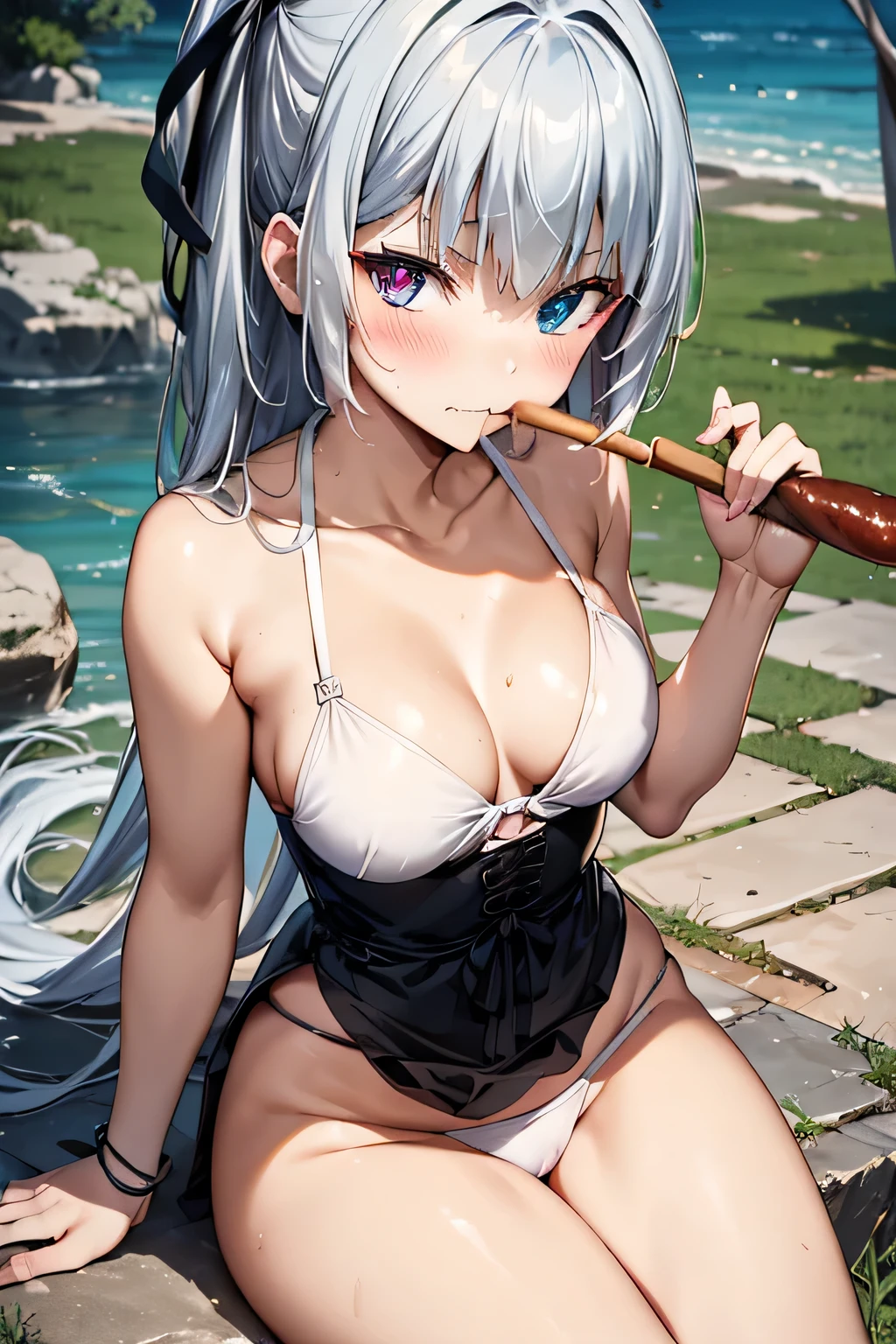 nsfw. Draw from the waist up. She is holding a thick sausage on a skewer with both hands and biting into it. One woman. She is wearing a plain white bra. Beautiful small breasts. wearing white panties, she blushes shyly.  stone open-air bath surrounded by very high quality 、( Masterpiece  )、 Silver Hair、Waist-length hair,  rainbow heterochromia,  black ribbon,Right eye is red、Left eye is blue.