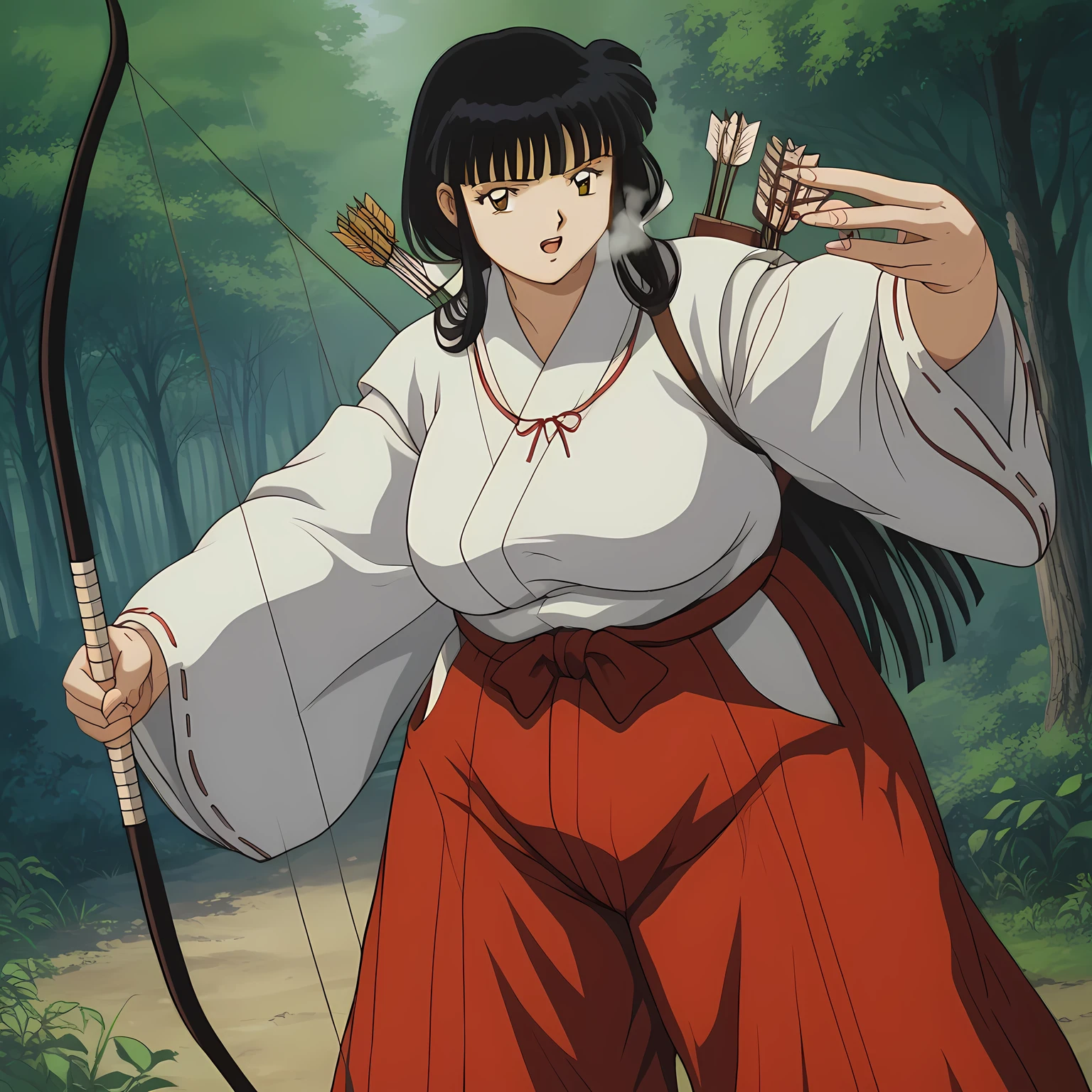 score_9, score_8_up, score_7_up, source_anime,
inuyashakikyou, kikyou, long hair, black hair, brown eyes, sidelocks, himecut, retro artstyle,
skirt, long sleeves, japanese clothes, hakama, hakama skirt, miko, red hakama,
outdoors, forest, nature, holding, weapon, holding weapon, bow \(weapon\), arrow \(projectile\), holding bow \(weapon\), aiming, holding arrow, drawing bow, archery,
looking at viewer, fat, chubby, obese, gigantic arms and legs, large breasts open mouth, out of breath