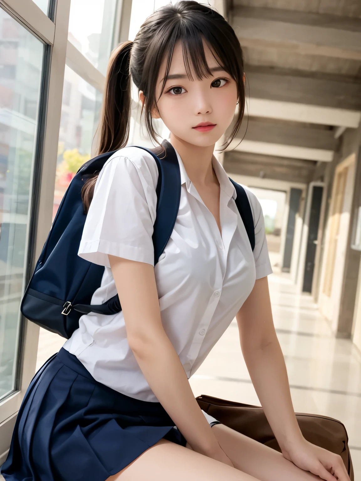 a closeup,17 year old cute girl with alafed F cup breasts sitting on the floor with legs crossed, a hyperrealistic schoolgirl, a hyperrealistic schoolgirl, Uniform Y-shirt and super short pleated skirt without bra、Wear dark blue high socks and loafer leather shoes,Erection nipple emphasis,Cute Schoolgirl,School Girl, High school girl posing, Japan Girls' High School Uniforms,dressed as schoolgirl, teenage female schoolgirl, absolutely outstanding image,Perfect slender body style,extra detailed face,Highly detailed blue eyes,Detailed white skin color and texture,Detailed fabric texture,hightquality,8K