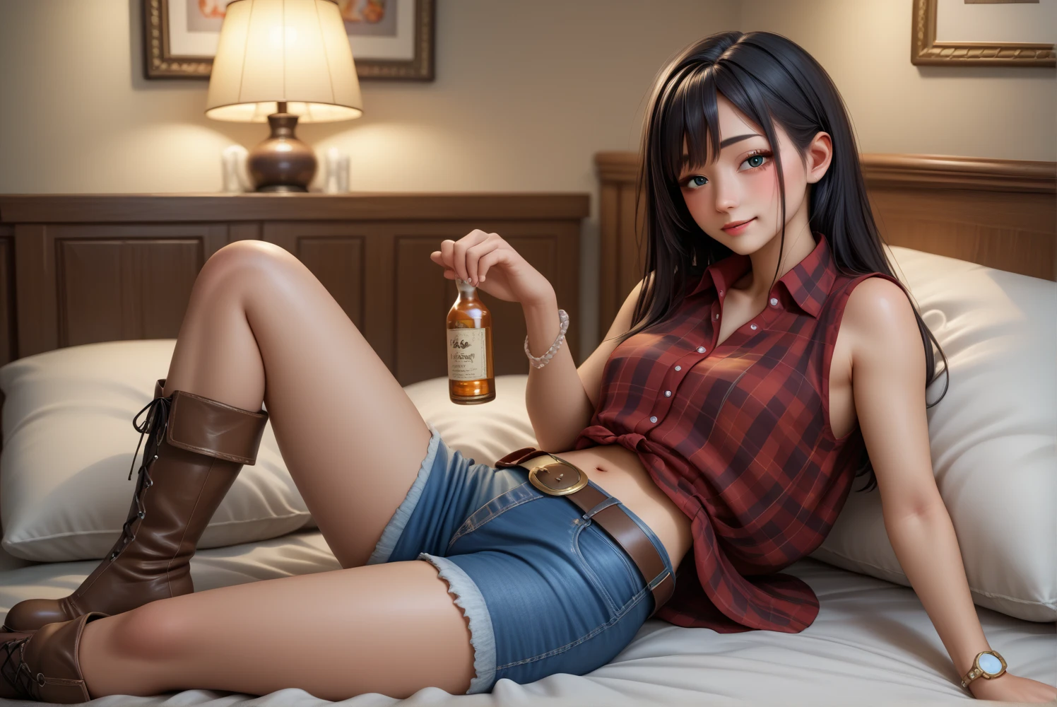 Bloomers in a sexy cowgirl outfit,Black Hair,Red plaid　Short short sleeves　collared cowgirl shirt,Denim hot pants,Western belt with holster,Western Boots,Watch on wrist,Navel exposed,Drunk,Above the knee shot,Open your eyes,Lying in bed,Ultra-high resolution,16K