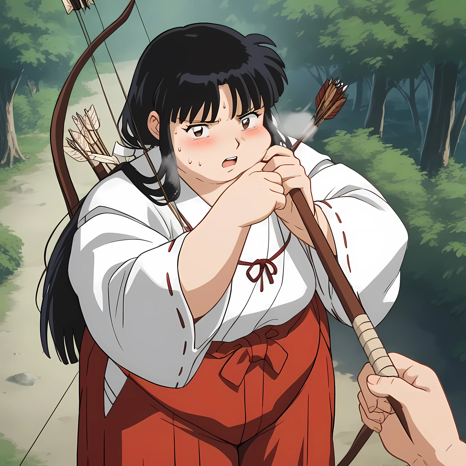 score_9, score_8_up, score_7_up, source_anime,
inuyashakikyou, kikyou, long hair, black hair, brown eyes, sidelocks, himecut, retro artstyle,
skirt, long sleeves, japanese clothes, hakama, hakama skirt, miko, red hakama,
outdoors, forest, nature, holding, weapon, holding weapon, bow \(weapon\), arrow \(projectile\), holding bow \(weapon\), aiming, holding arrow, drawing bow, archery,
looking at viewer, swollen face, fat, chubby, obese, open mouth, out of breath, absurdres, highres icon, rating:General, confused, blush, {flustered}, nervous sweating, portrait, pov hands, hand on another's cheek, averting eyes, [looking away], straight-on, from above,  upper body, masterpiece, best quality, ultra-detailed, high resolution, 8K, 