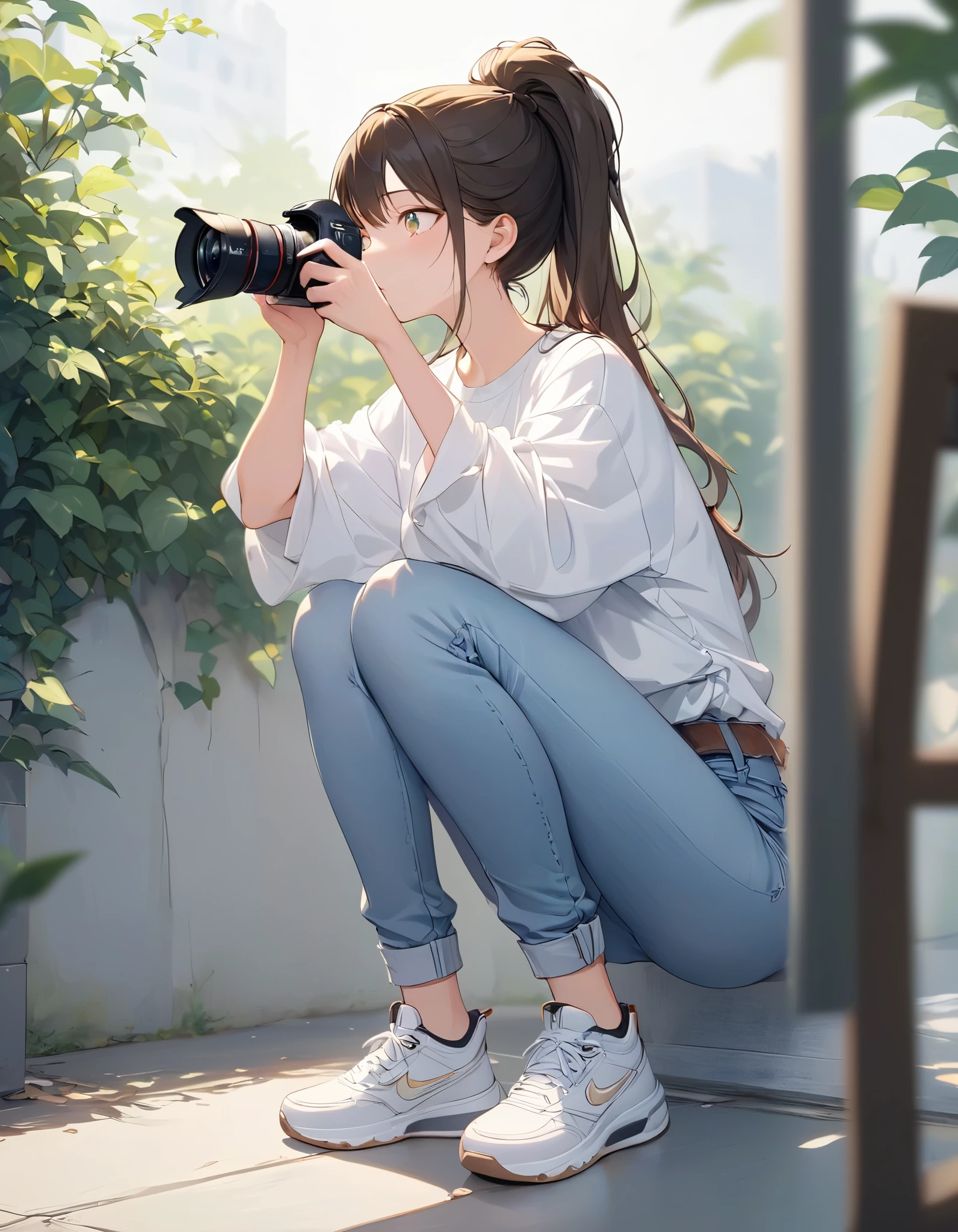 (((Best quality, 8k, Masterpiece: 1.3)), ((best quality)), ((masterpiece)), (detailed), perfect face, perfect body, (detailed skin:1.3), (intricate details), A young female photographer captured in action, holding a DSLR camera up to her face as she takes a photo. She has long hair tied back in a casual ponytail or bun, wearing a relaxed, casual outfit such as a loose-fitting shirt, denim jeans, and comfortable sneakers. Her posture reflects concentration and professionalism, standing in a natural outdoor setting with soft lighting that highlights her focused expression. The scene includes subtle background details like blurred greenery or urban elements, emphasizing her as the subject.