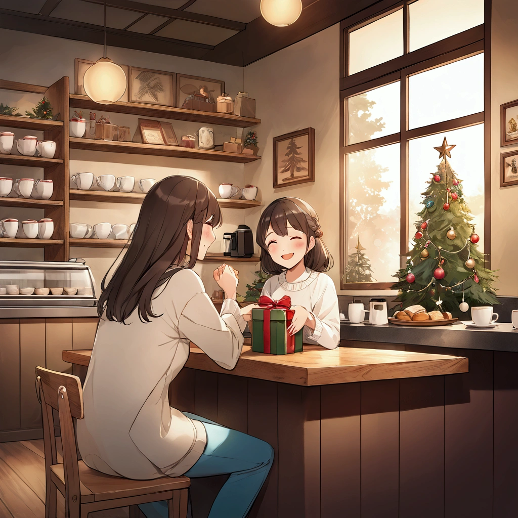 An anime-style illustration capturing a tender moment between a mother and her daughter in a cozy coffee shop. The setting is by a large window with soft daylight streaming through, creating a warm and inviting atmosphere. The daughter, a young adult with a cheerful expression, is handing a neatly wrapped gift with a bright yellow ribbon to her mother. The mother, seated across from her, has a slightly embarrassed but happy smile, her hands reaching out to accept the present. Both characters share a touching and heartfelt connection, evident in their gentle expressions and laughter. The coffee shop background is detailed with wooden furniture, steaming cups on the table, and shelves lined with coffee beans and decor, adding to the cozy ambiance. Drawn in the style of modern Japanese anime, with vibrant colors and expressive character details.
 Add subtle Christmas decorations to the coffee shop setting. Include a small, tastefully decorated Christmas tree in the background, some garlands with twinkling fairy lights along the window frame, and a few ornaments hanging from shelves or displayed on the counter. The overall ambiance should feel festive yet cozy, complementing the heartwarming scene.