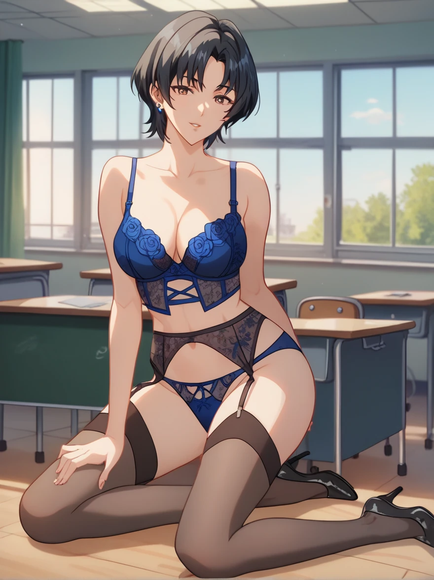   1 girl ,   beautiful mature woman , Alone,   black hair,   short hair to be shouldered ,diagonal bangs,   Brown Eyes   ,    piercing 1 woman   , clavicle,   medium chest, blue floral bra, blue panties, Black Garter Belt , black garter stockings  ,  black heels  , Background School Empty Classroom  , evening ,Viewers,  textured skin,    解剖学的にAccurate  ,   Masterpiece    ,    has high definition  , Accurate, 最   High Quality   ,     high detail  ,    high definition model  ,    High Quality   ,    very detailed,    super high resolution,   8k octane  , 